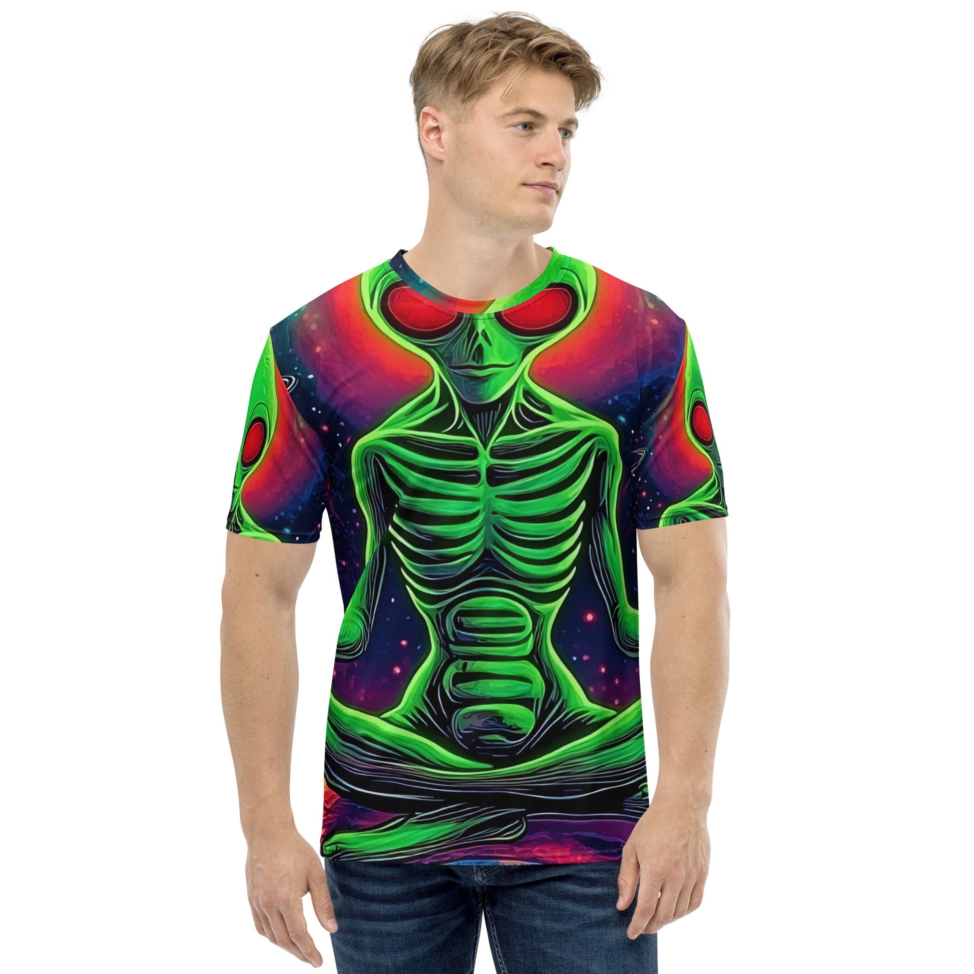 Men’s All - Over Print Meditating Alien in Space T-Shirt - Soft & Stretchy Cosmic Tee - Sublimegifts4u.com