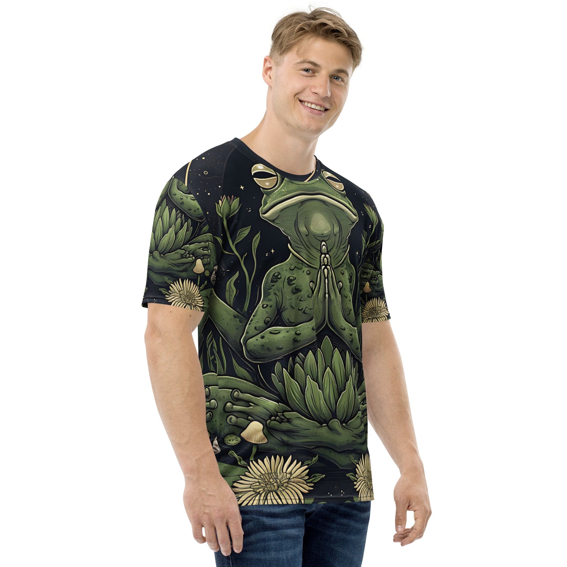 Men’s All - Over Print Meditating Frog T-Shirt - Soft & Stretchy Spiritual Tee - Sublimegifts4u.com