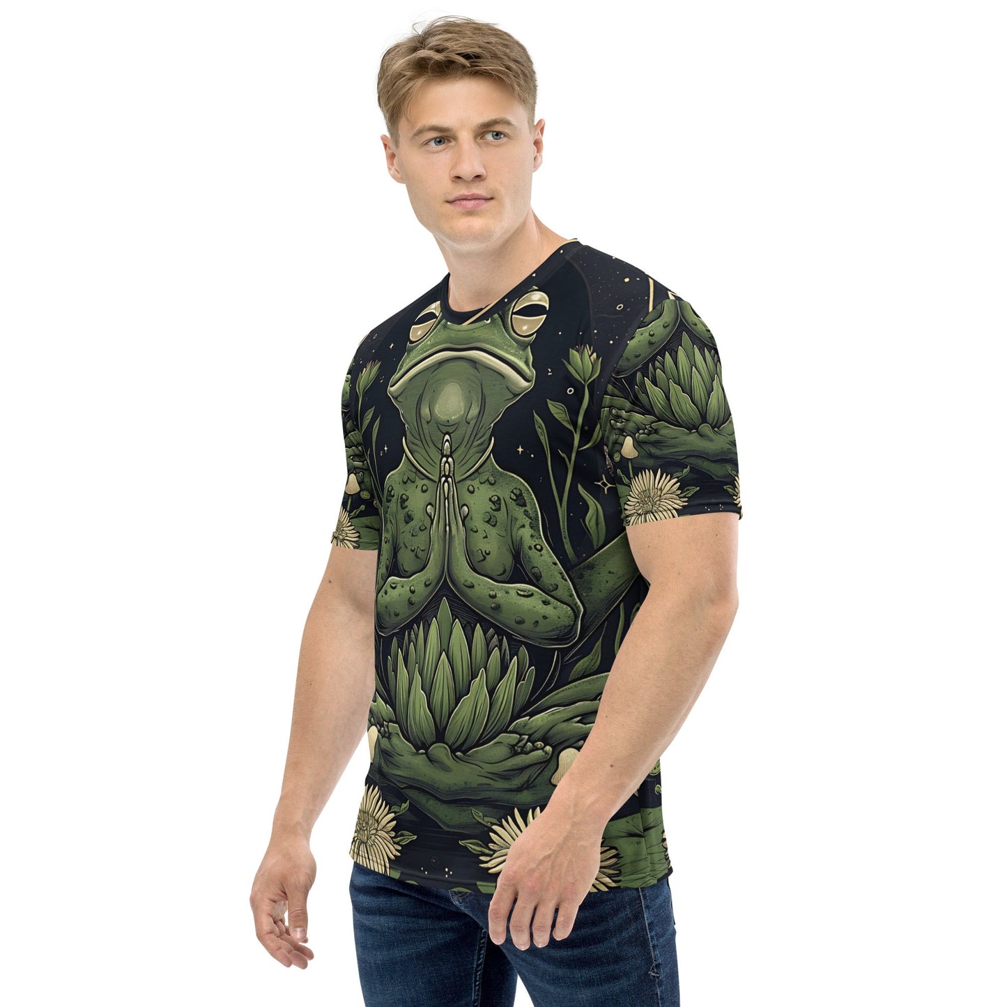 Men’s All - Over Print Meditating Frog T-Shirt - Soft & Stretchy Spiritual Tee - Sublimegifts4u.com