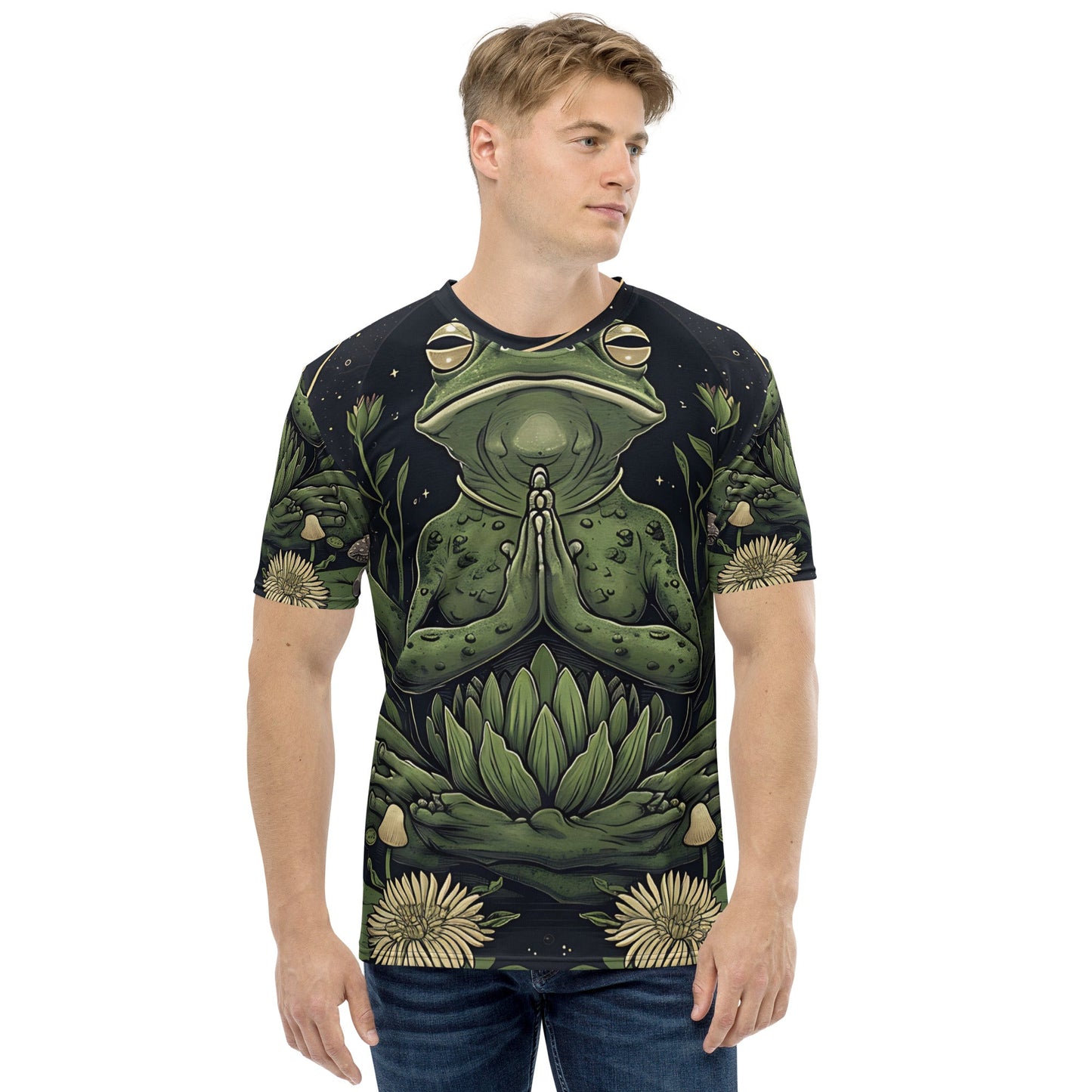 Men’s All - Over Print Meditating Frog T-Shirt - Soft & Stretchy Spiritual Tee - Sublimegifts4u.com