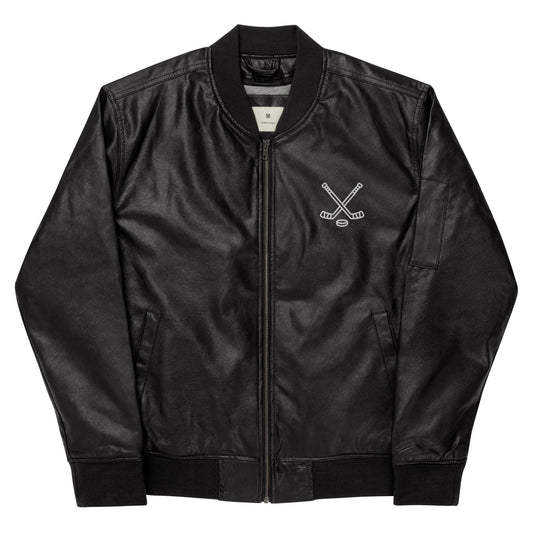 Men's Bomber Jacket with Hockey Sticks Symbol - Classic PU Leather - Sublimegifts4u.com