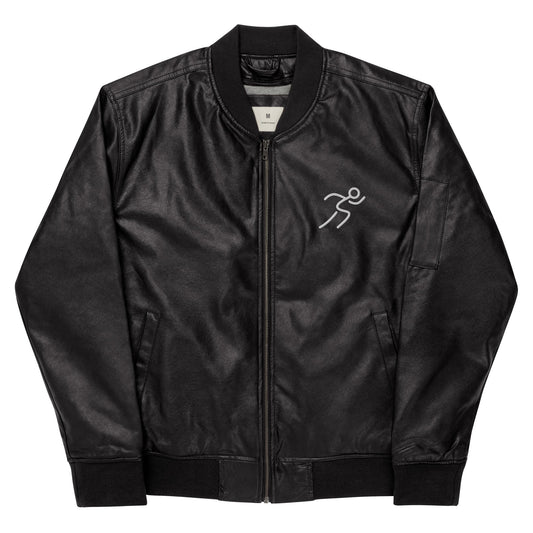 Men's Bomber Jacket with Running Symbol - Brown & Black PU Leather - Sublimegifts4u.com