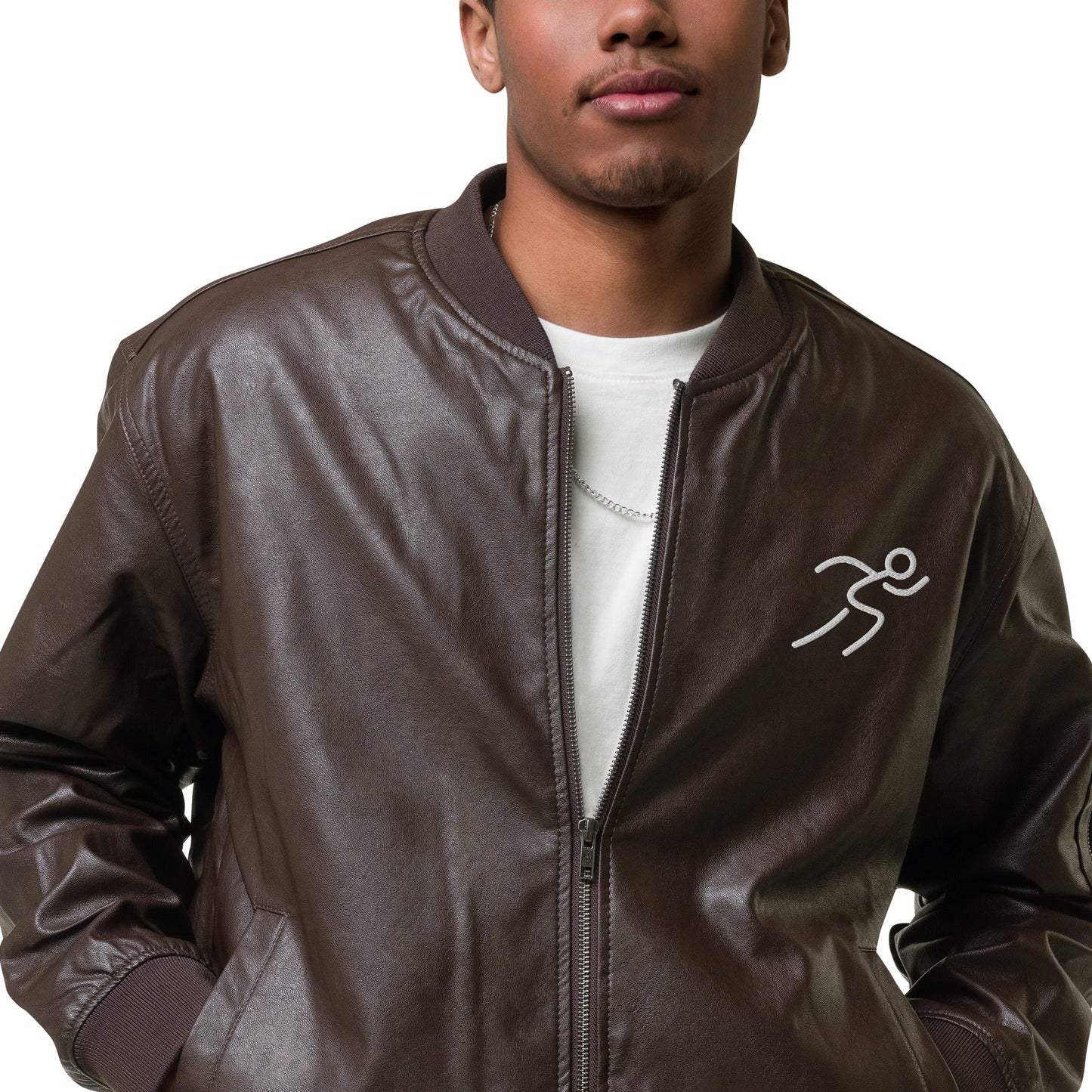 Men's Bomber Jacket with Running Symbol - Brown & Black PU Leather - Sublimegifts4u.com