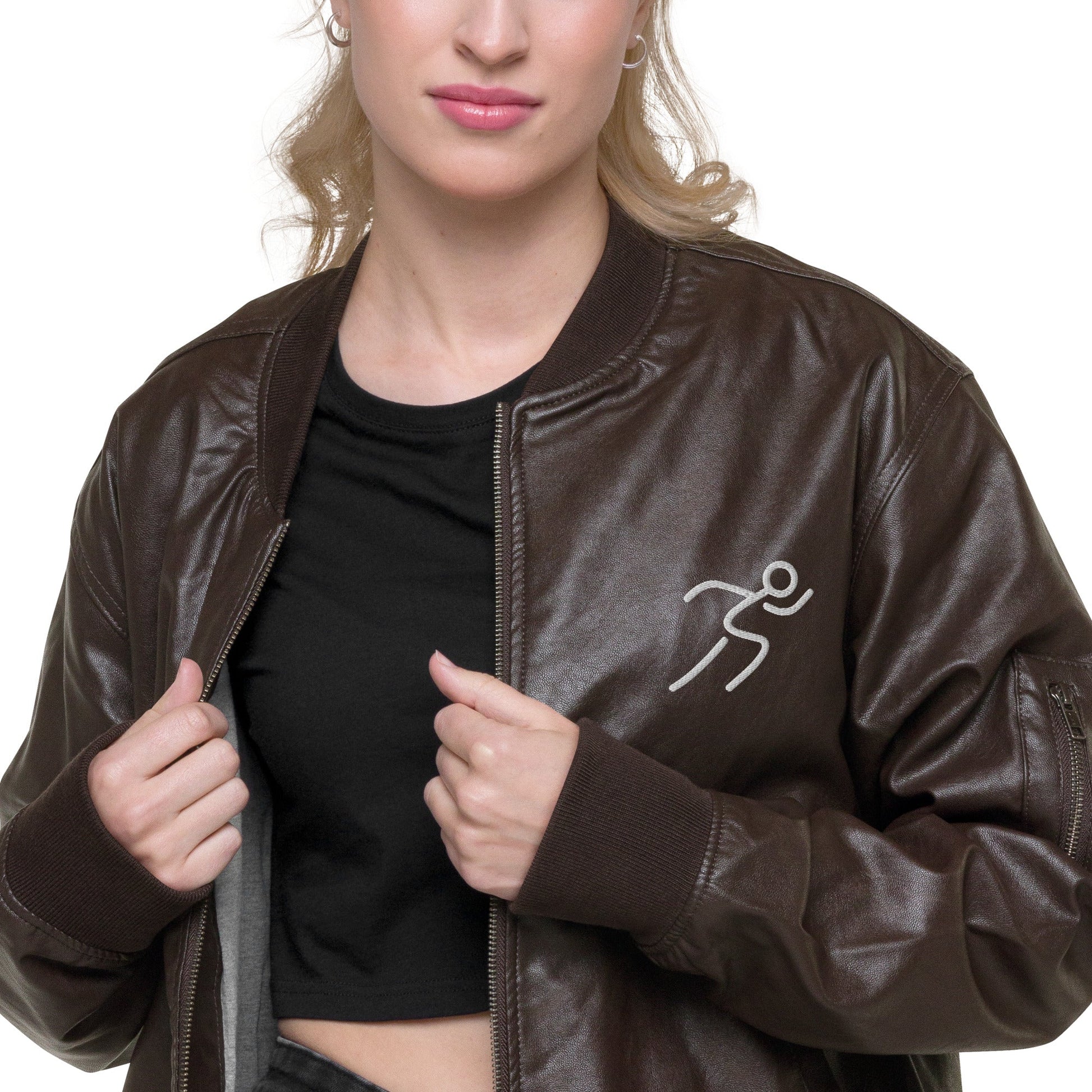 Men's Bomber Jacket with Running Symbol - Brown & Black PU Leather - Sublimegifts4u.com