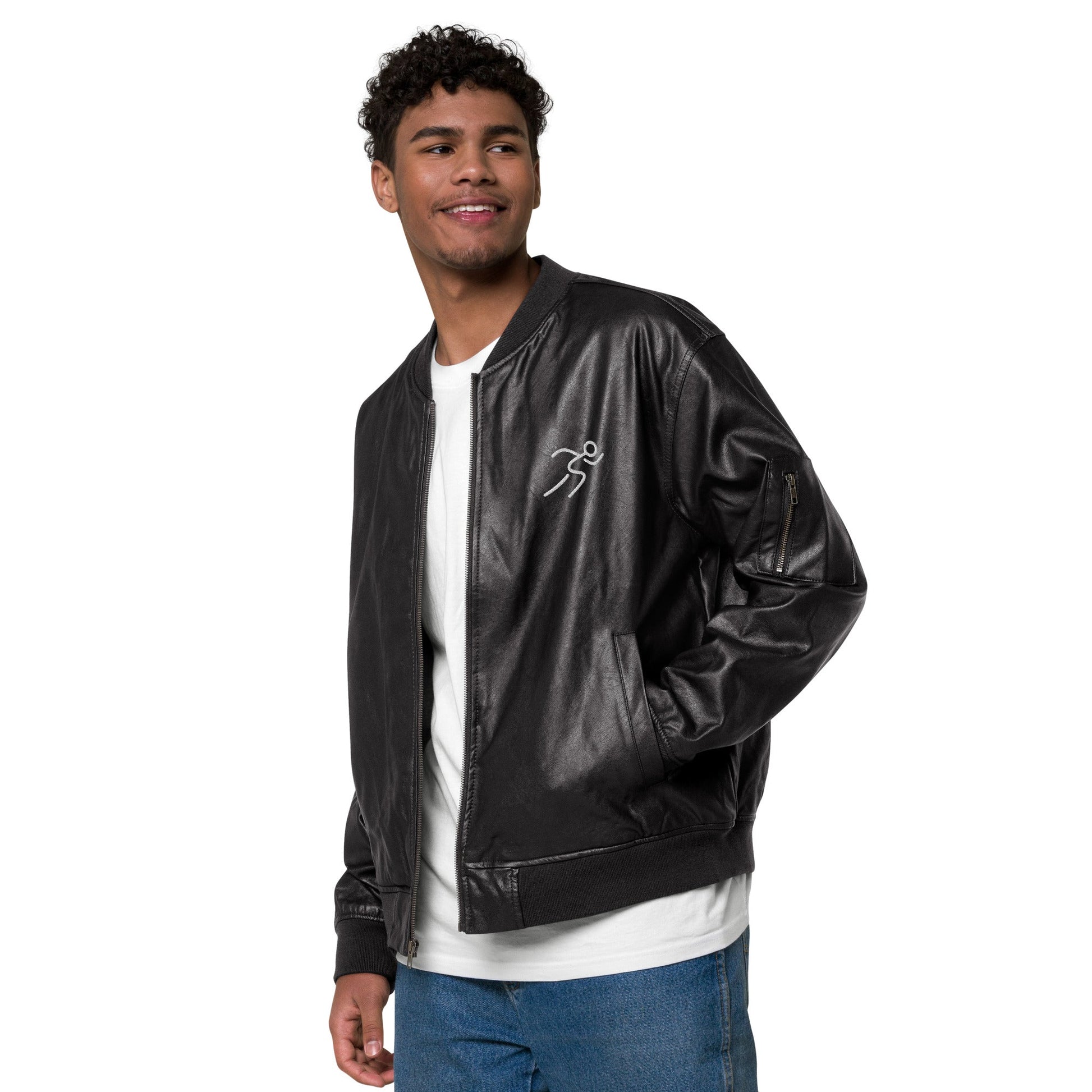 Men's Bomber Jacket with Running Symbol - Brown & Black PU Leather - Sublimegifts4u.com