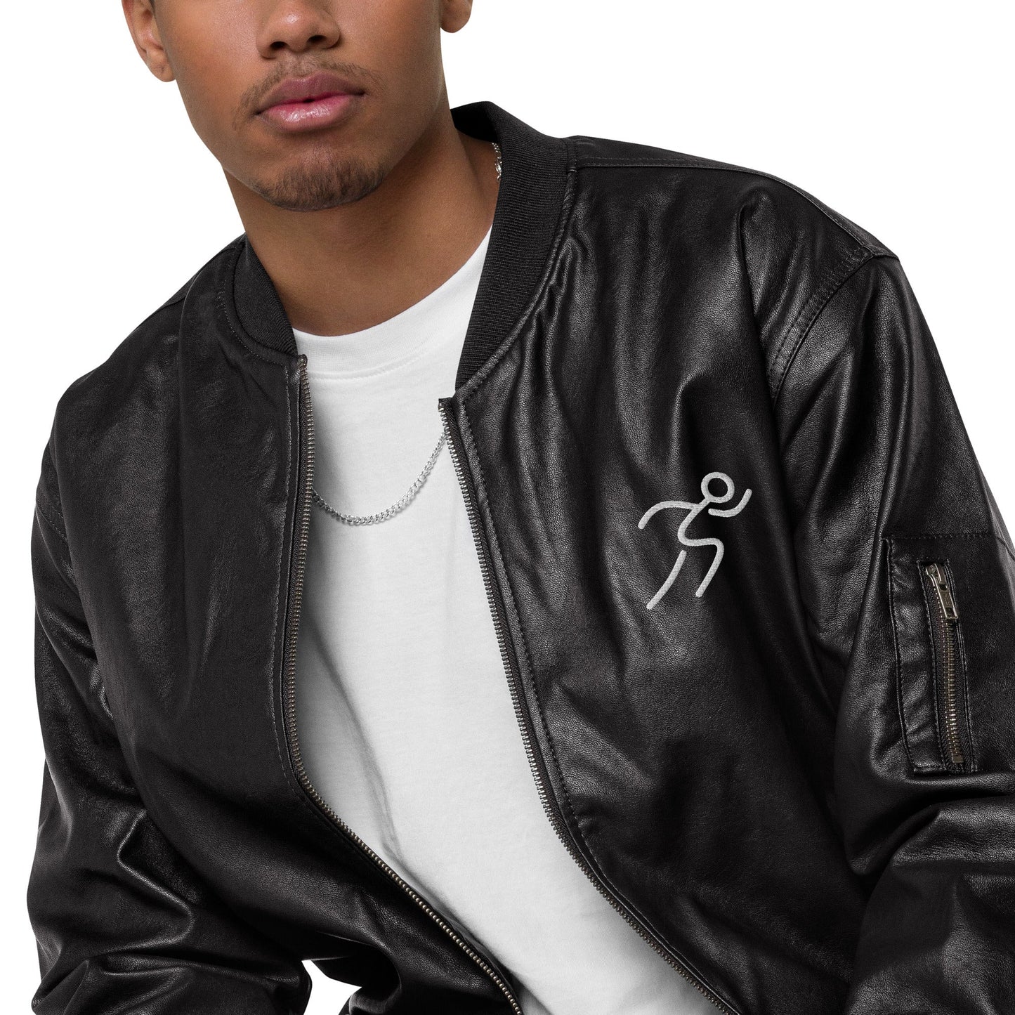 Men's Bomber Jacket with Running Symbol - Brown & Black PU Leather - Sublimegifts4u.com