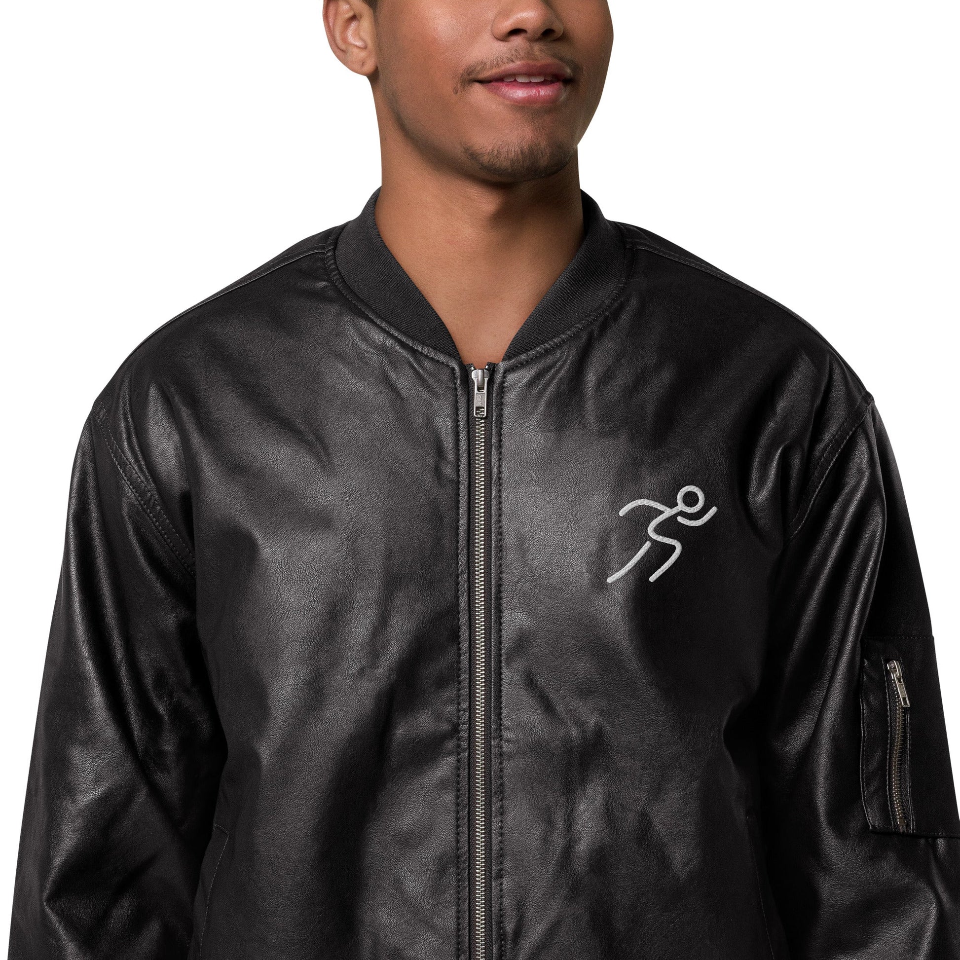 Men's Bomber Jacket with Running Symbol - Brown & Black PU Leather - Sublimegifts4u.com