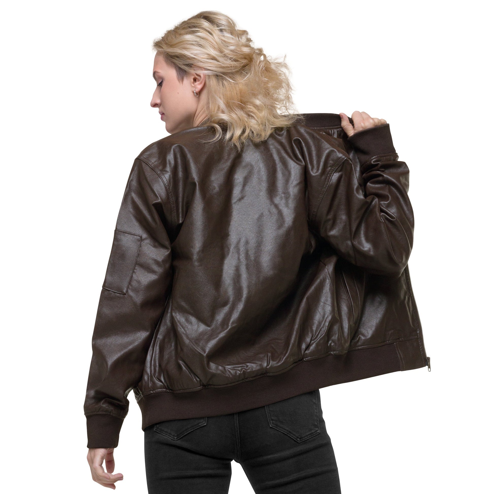 Men's Bomber Jacket with Running Symbol - Brown & Black PU Leather - Sublimegifts4u.com