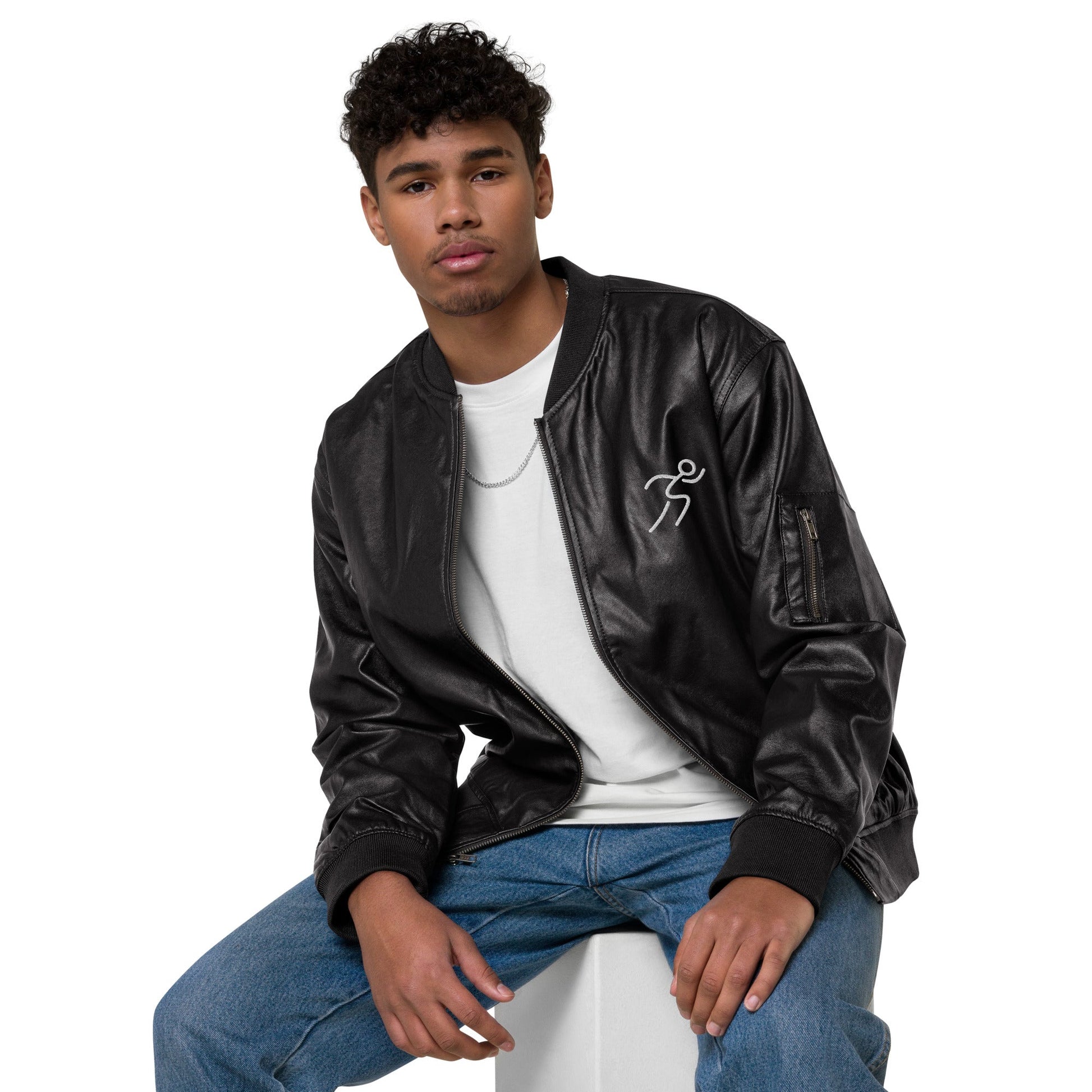 Men's Bomber Jacket with Running Symbol - Brown & Black PU Leather - Sublimegifts4u.com