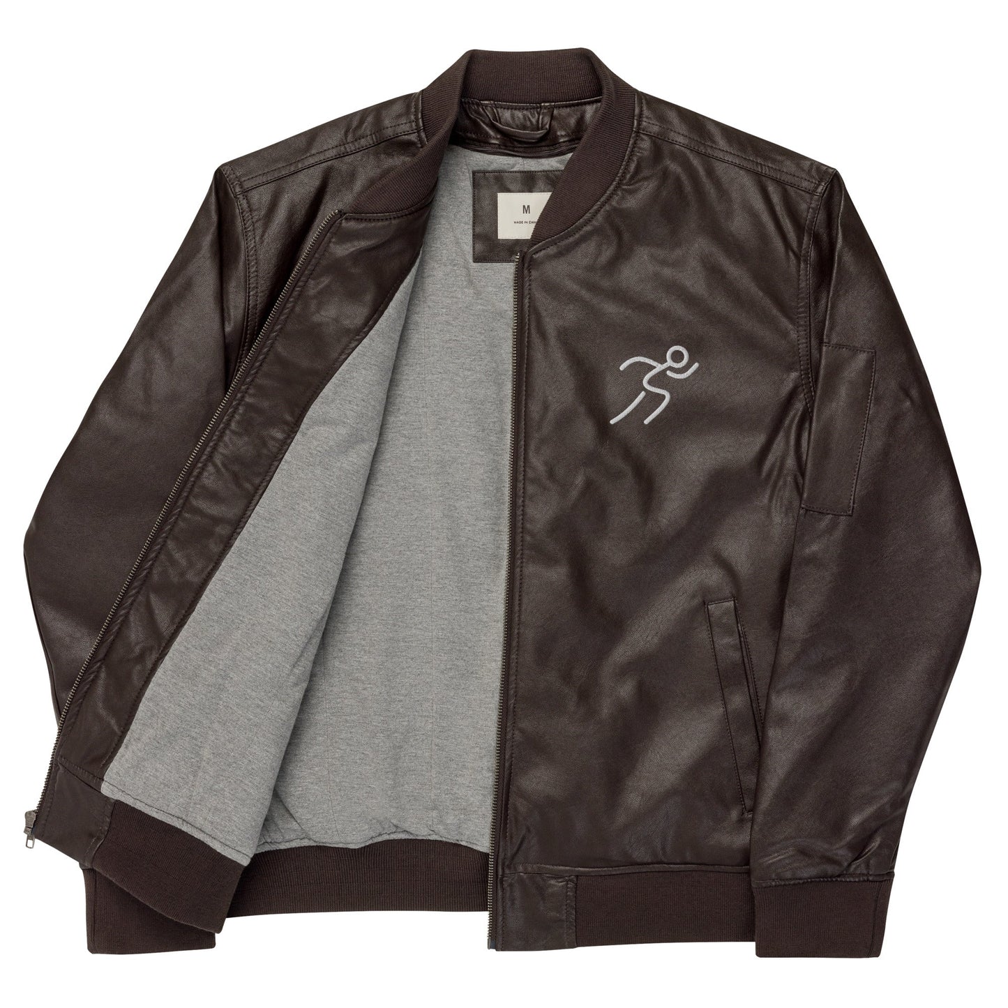 Men's Bomber Jacket with Running Symbol - Brown & Black PU Leather - Sublimegifts4u.com