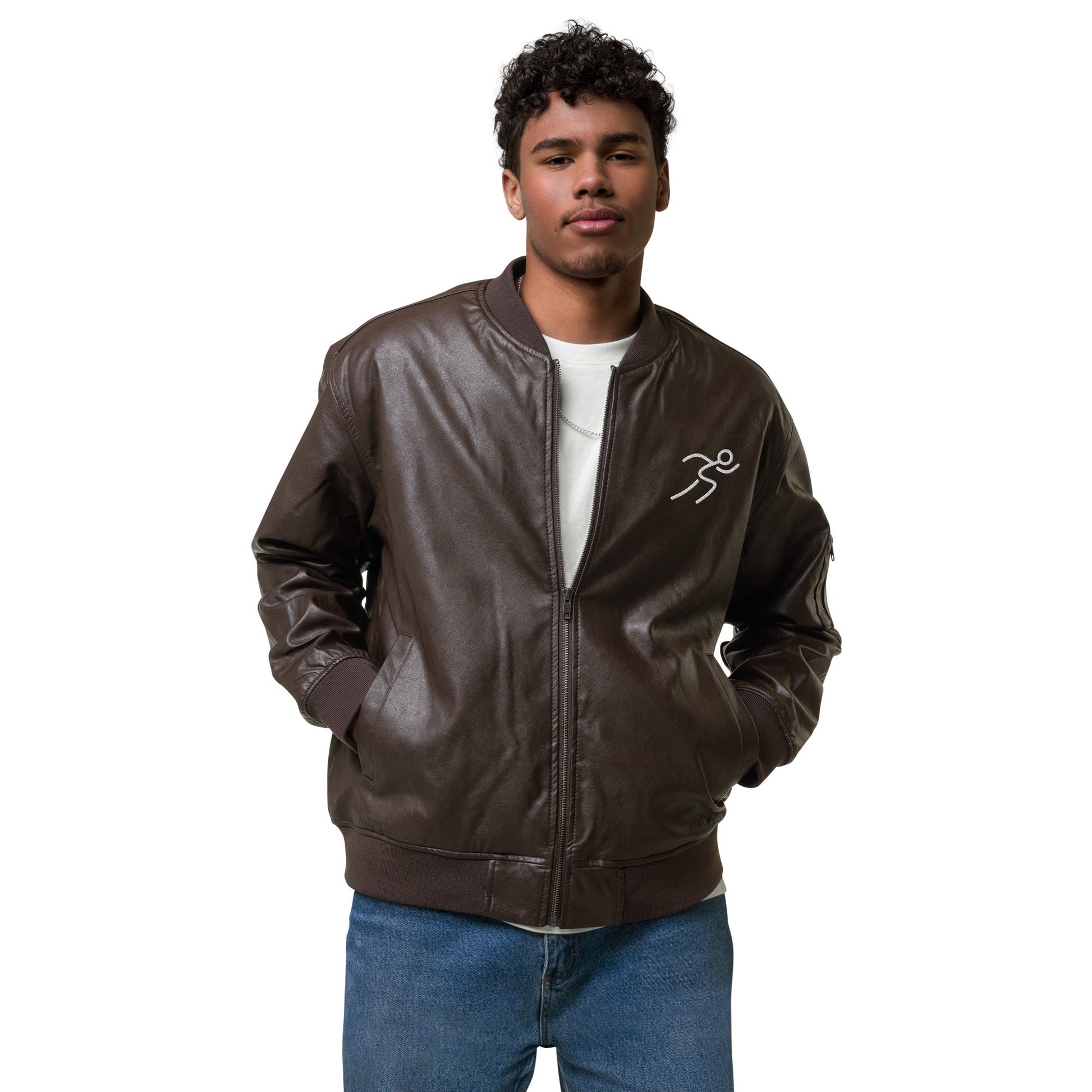 Men's Bomber Jacket with Running Symbol - Brown & Black PU Leather - Sublimegifts4u.com