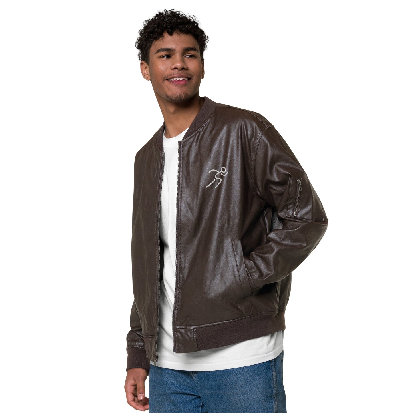 Men's Bomber Jacket with Running Symbol - Brown & Black PU Leather - Sublimegifts4u.com