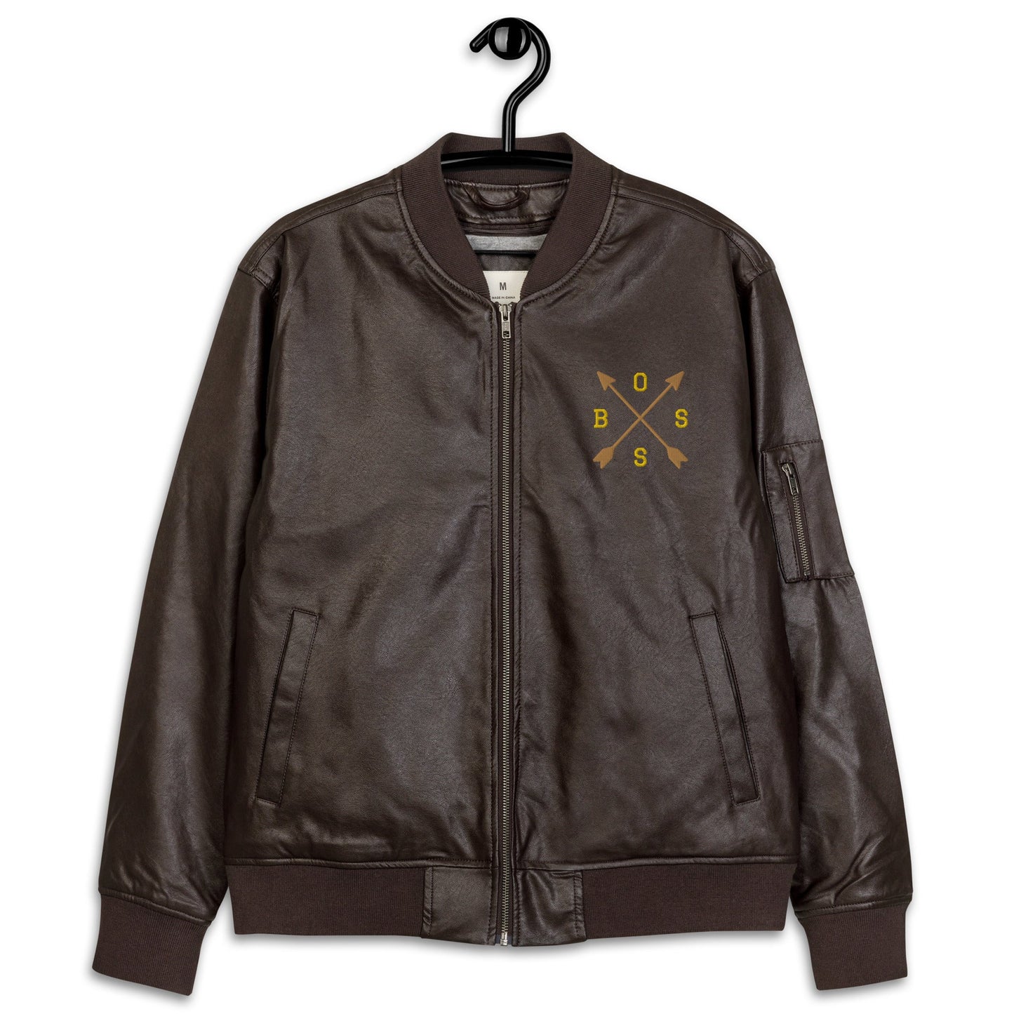 Men's Brown Bomber Jacket with Embroidered Arrows and Boss - Classic PU Leather - Sublimegifts4u.com