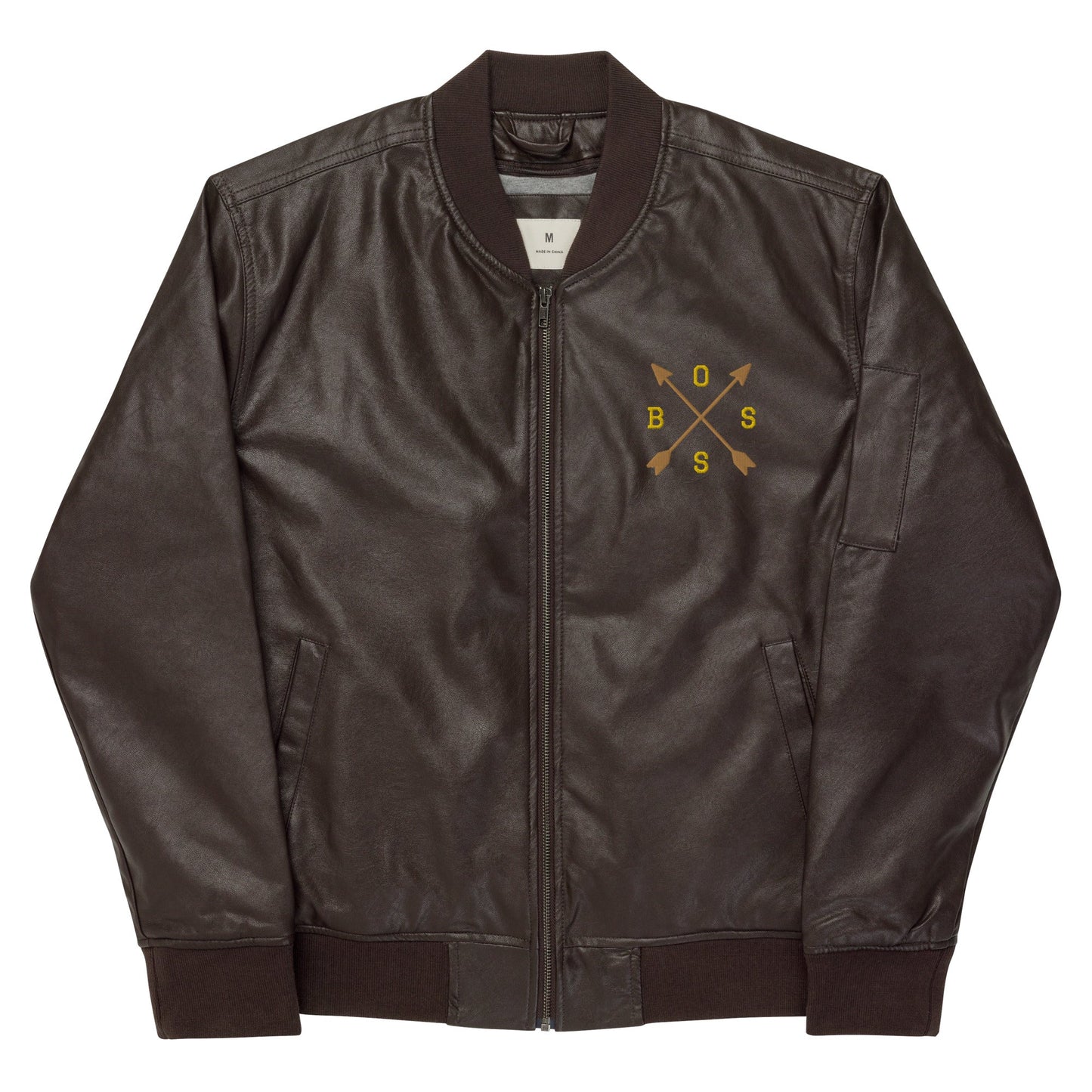 Men's Brown Bomber Jacket with Embroidered Arrows and Boss - Classic PU Leather - Sublimegifts4u.com