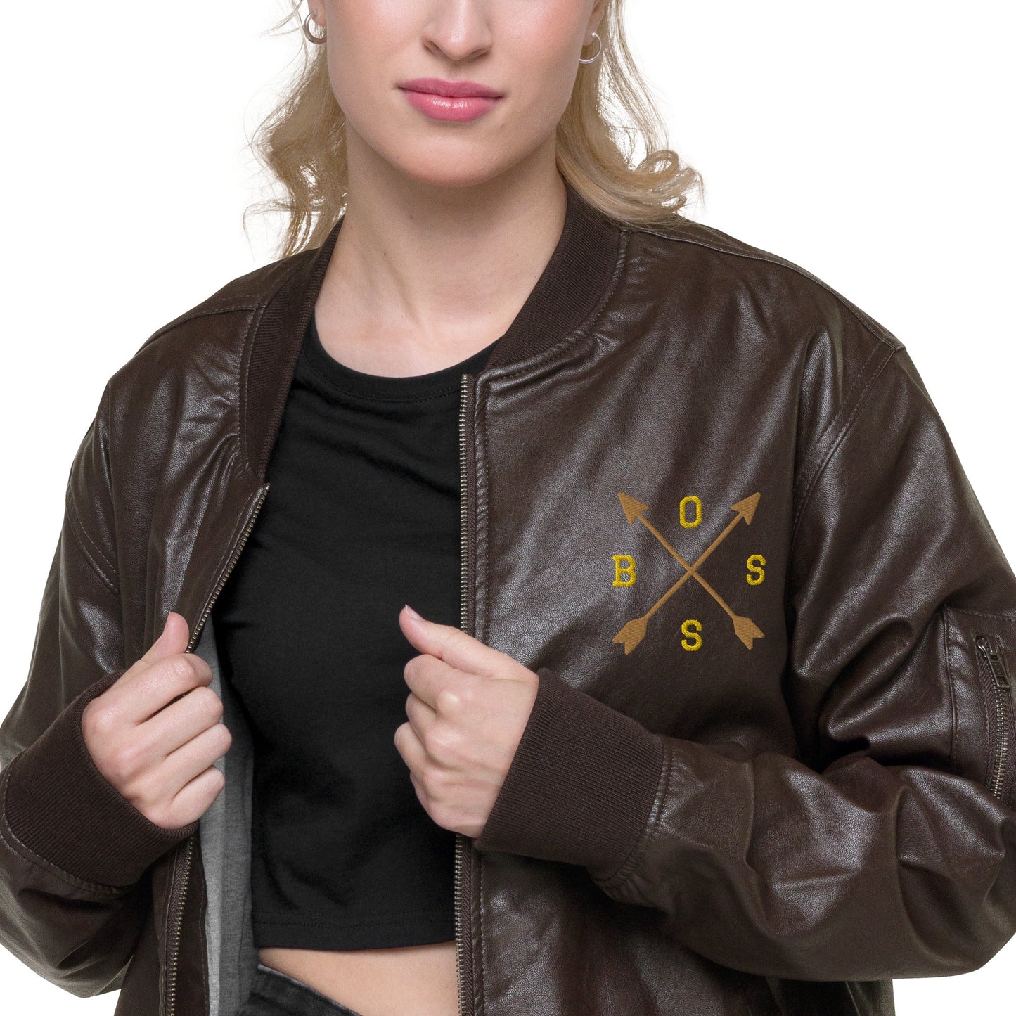 Men's Brown Bomber Jacket with Embroidered Arrows and Boss - Classic PU Leather - Sublimegifts4u.com