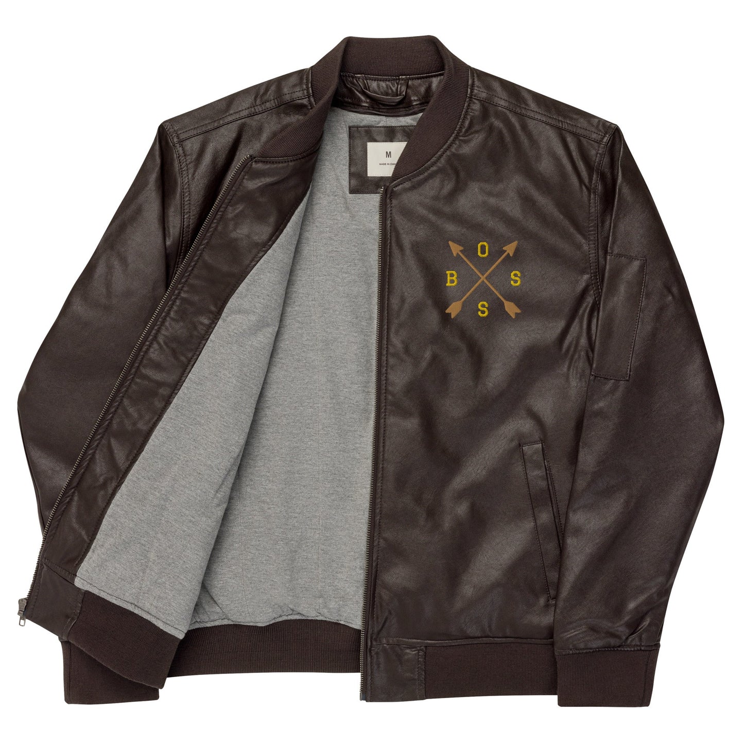 Men's Brown Bomber Jacket with Embroidered Arrows and Boss - Classic PU Leather - Sublimegifts4u.com