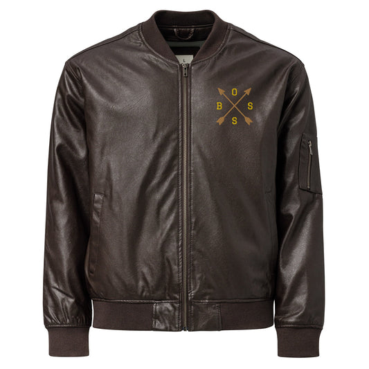 Men's Brown Bomber Jacket with Embroidered Arrows and Boss - Classic PU Leather - Sublimegifts4u.com