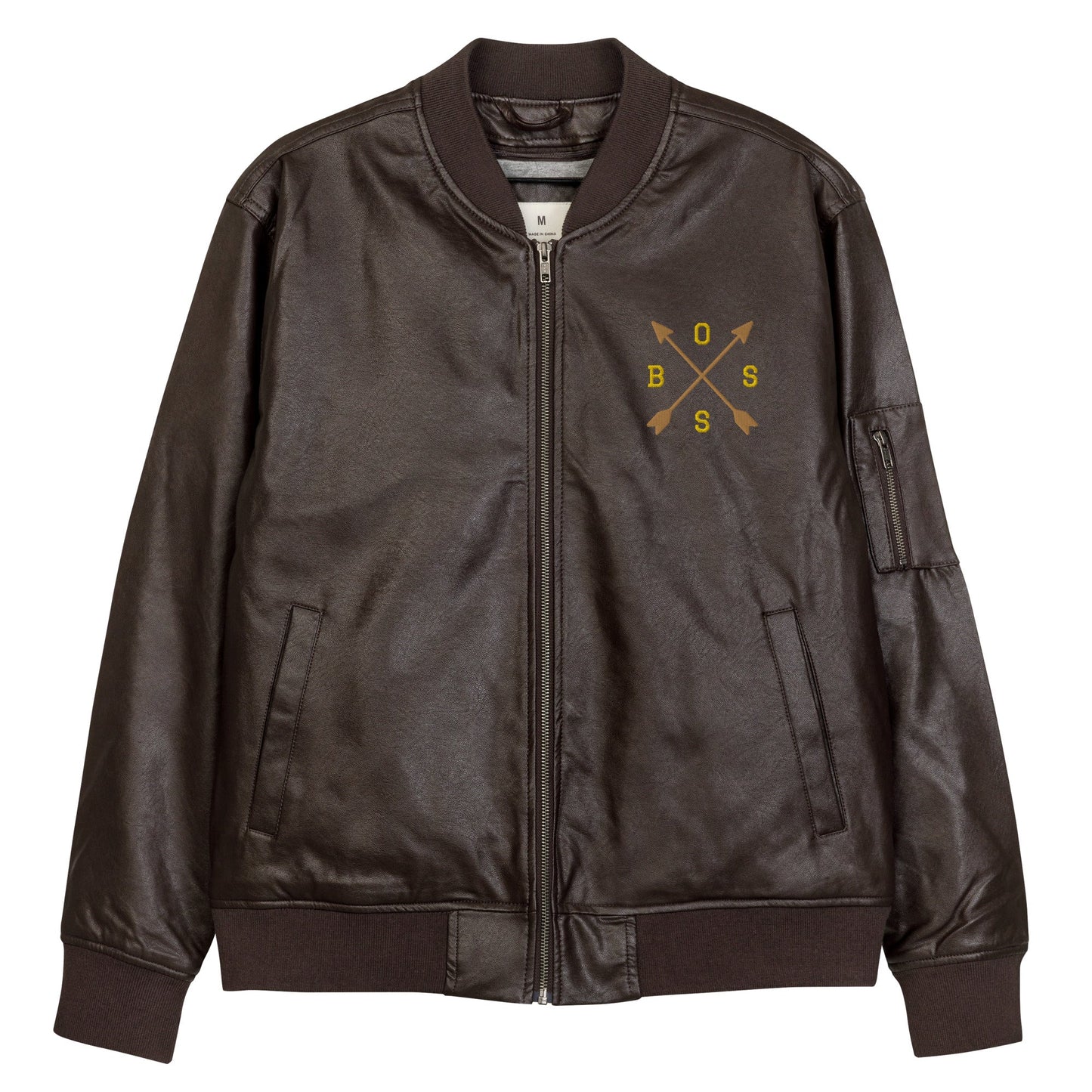 Men's Brown Bomber Jacket with Embroidered Arrows and Boss - Classic PU Leather - Sublimegifts4u.com