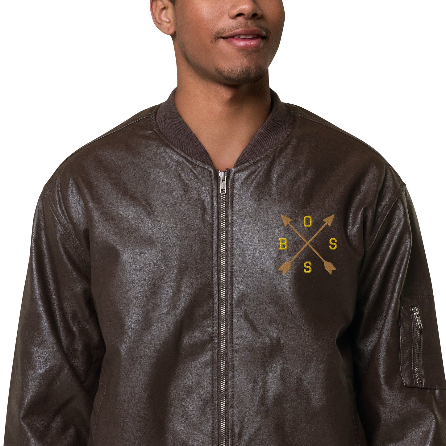 Men's Brown Bomber Jacket with Embroidered Arrows and Boss - Classic PU Leather - Sublimegifts4u.com