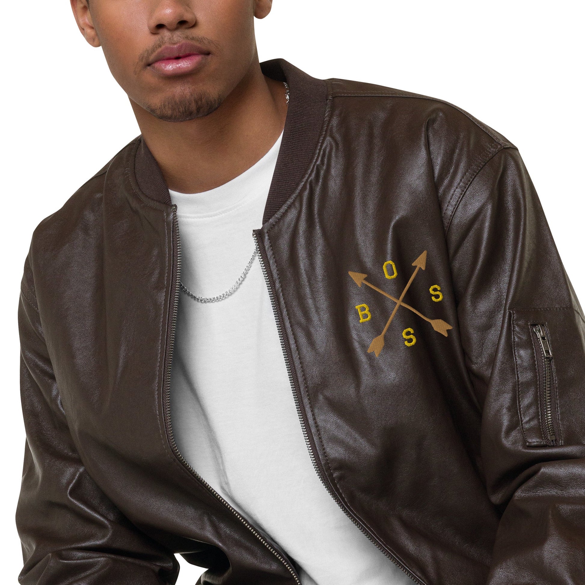 Men's Brown Bomber Jacket with Embroidered Arrows and Boss - Classic PU Leather - Sublimegifts4u.com