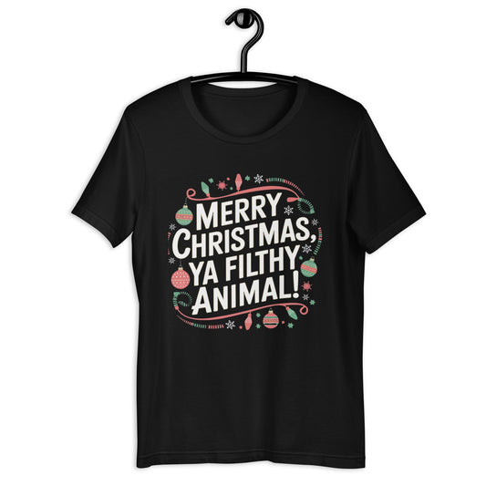 Men’s Christmas T-Shirt – "Merry Christmas, You Filthy Animal" with Festive Decorations - Sublimegifts4u.com