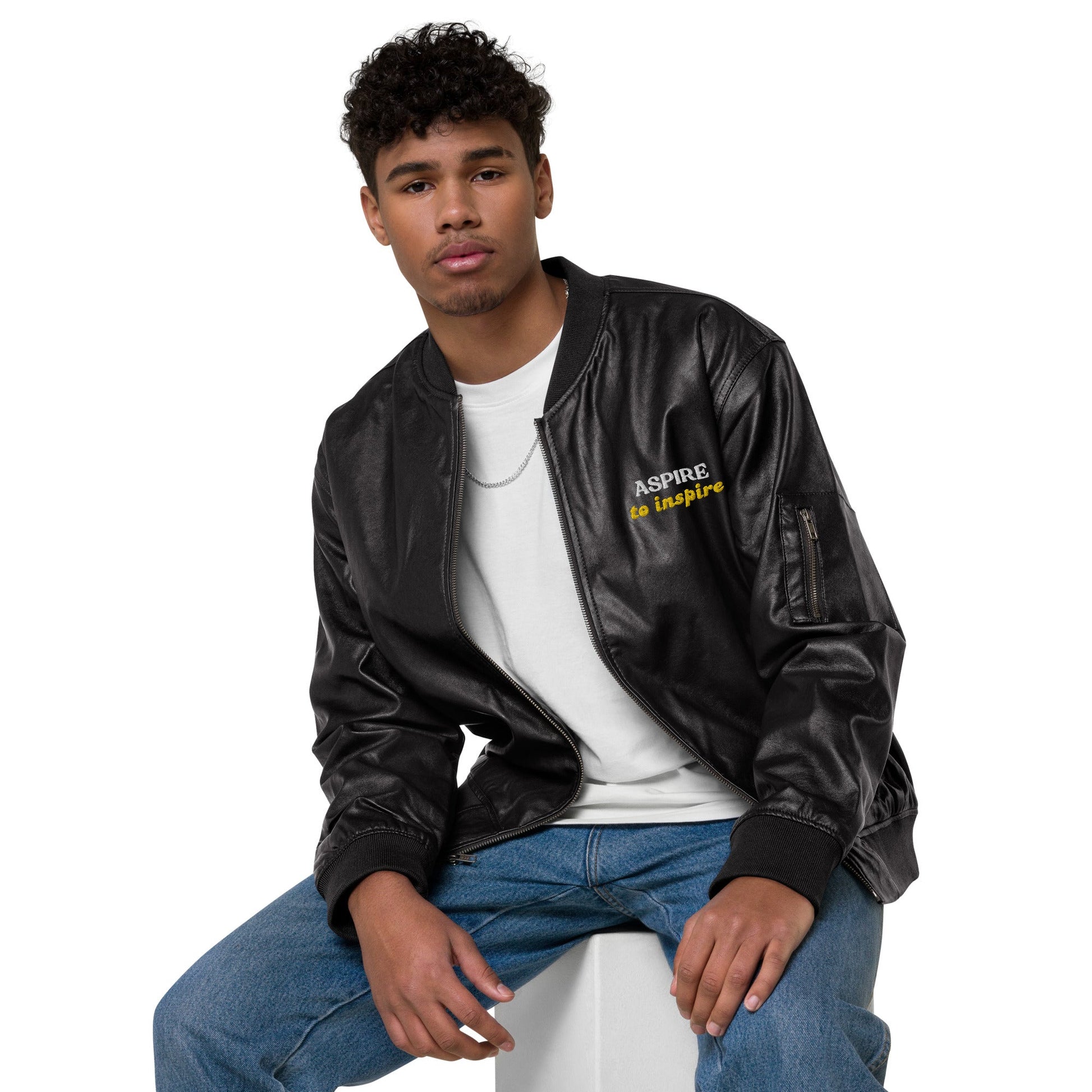 Men's Embroidered Bomber Jacket - Aspire to Inspire - Classic PU Leather - Sublimegifts4u.com