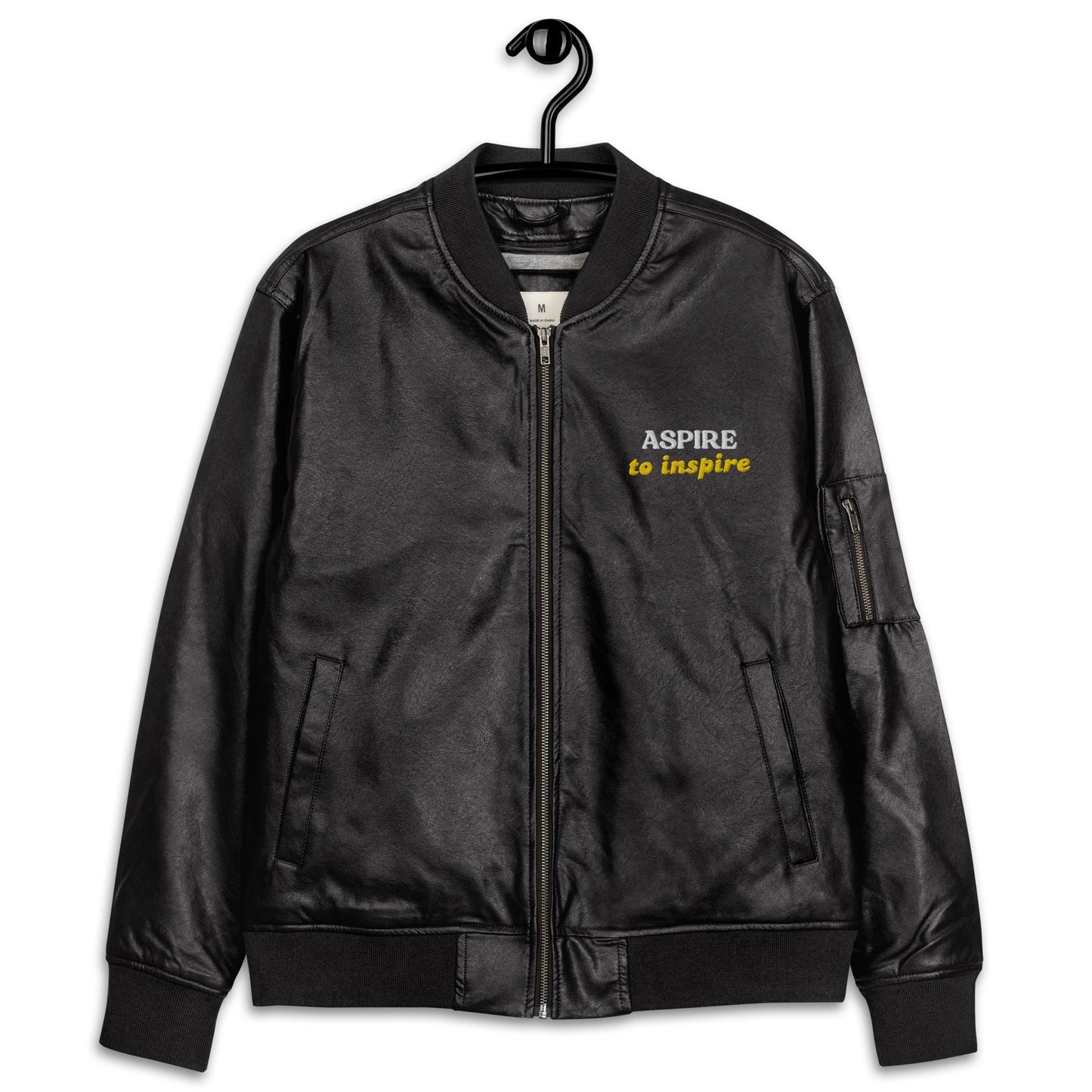 Men's Embroidered Bomber Jacket - Aspire to Inspire - Classic PU Leather - Sublimegifts4u.com