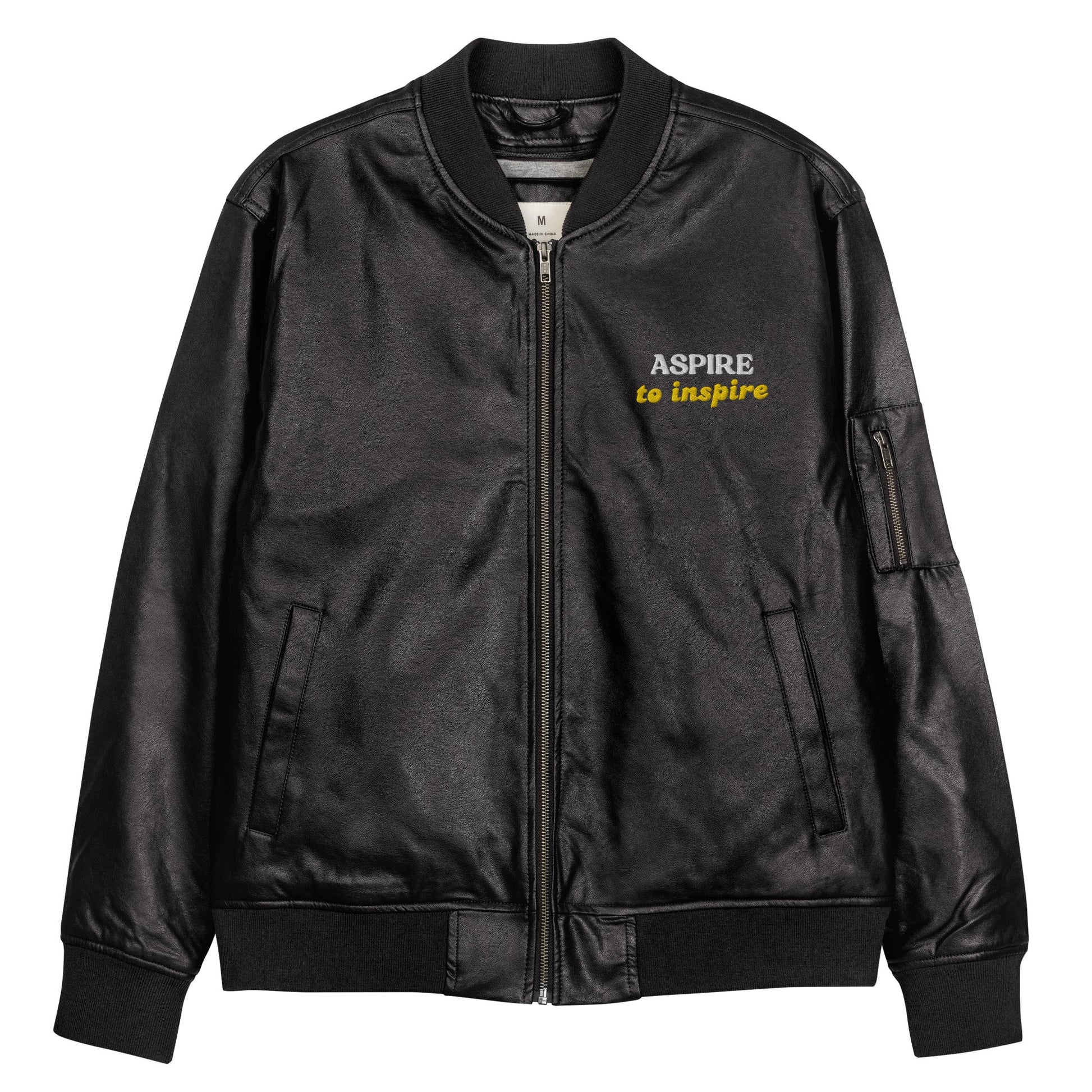 Men's Embroidered Bomber Jacket - Aspire to Inspire - Classic PU Leather - Sublimegifts4u.com