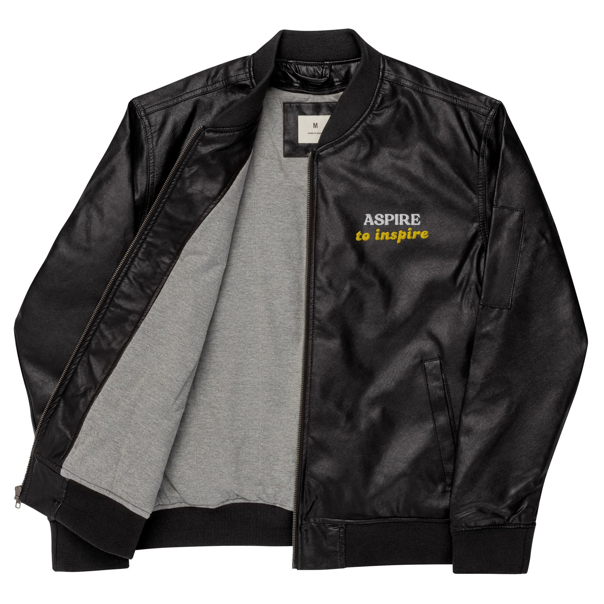 Men's Embroidered Bomber Jacket - Aspire to Inspire - Classic PU Leather - Sublimegifts4u.com