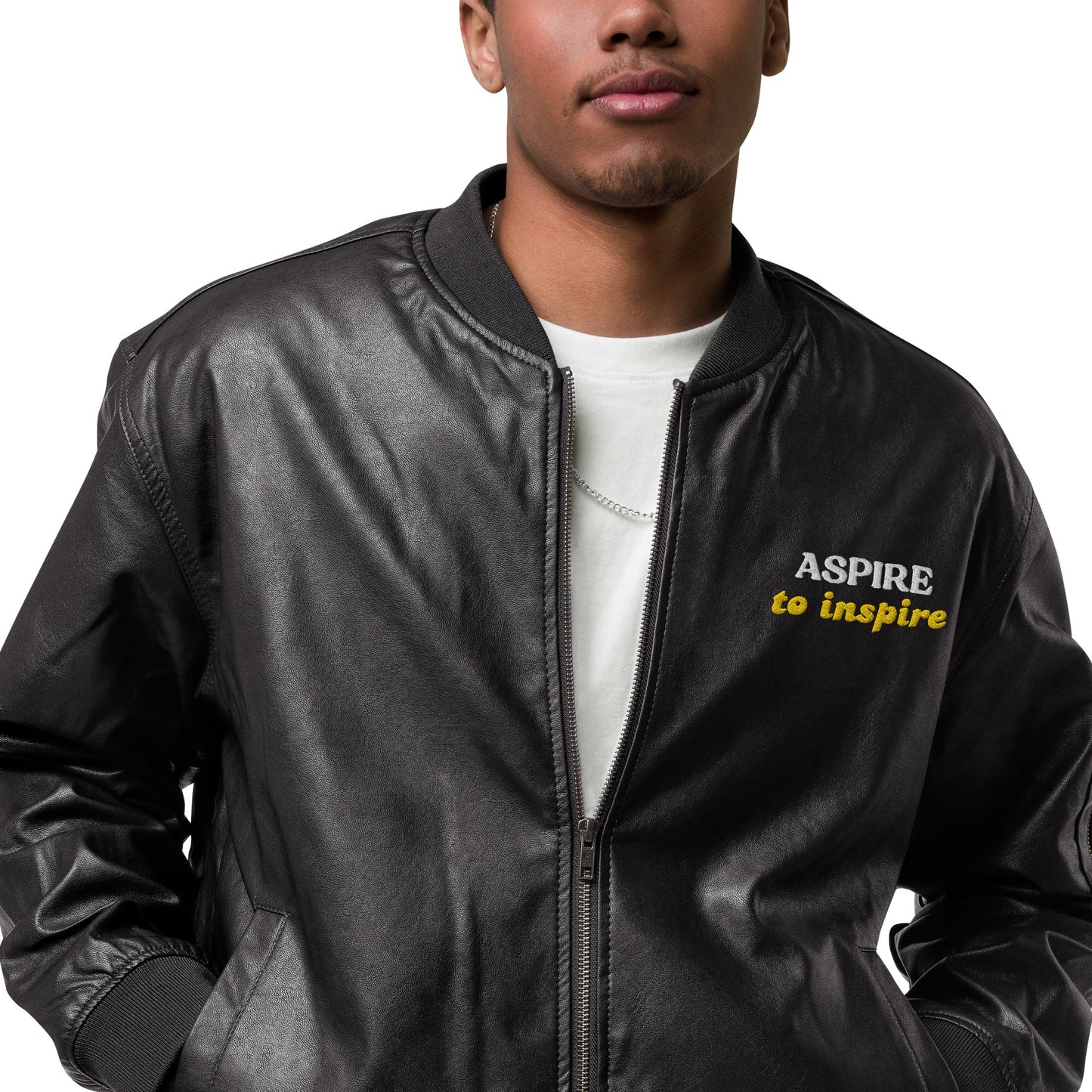 Men's Embroidered Bomber Jacket - Aspire to Inspire - Classic PU Leather - Sublimegifts4u.com