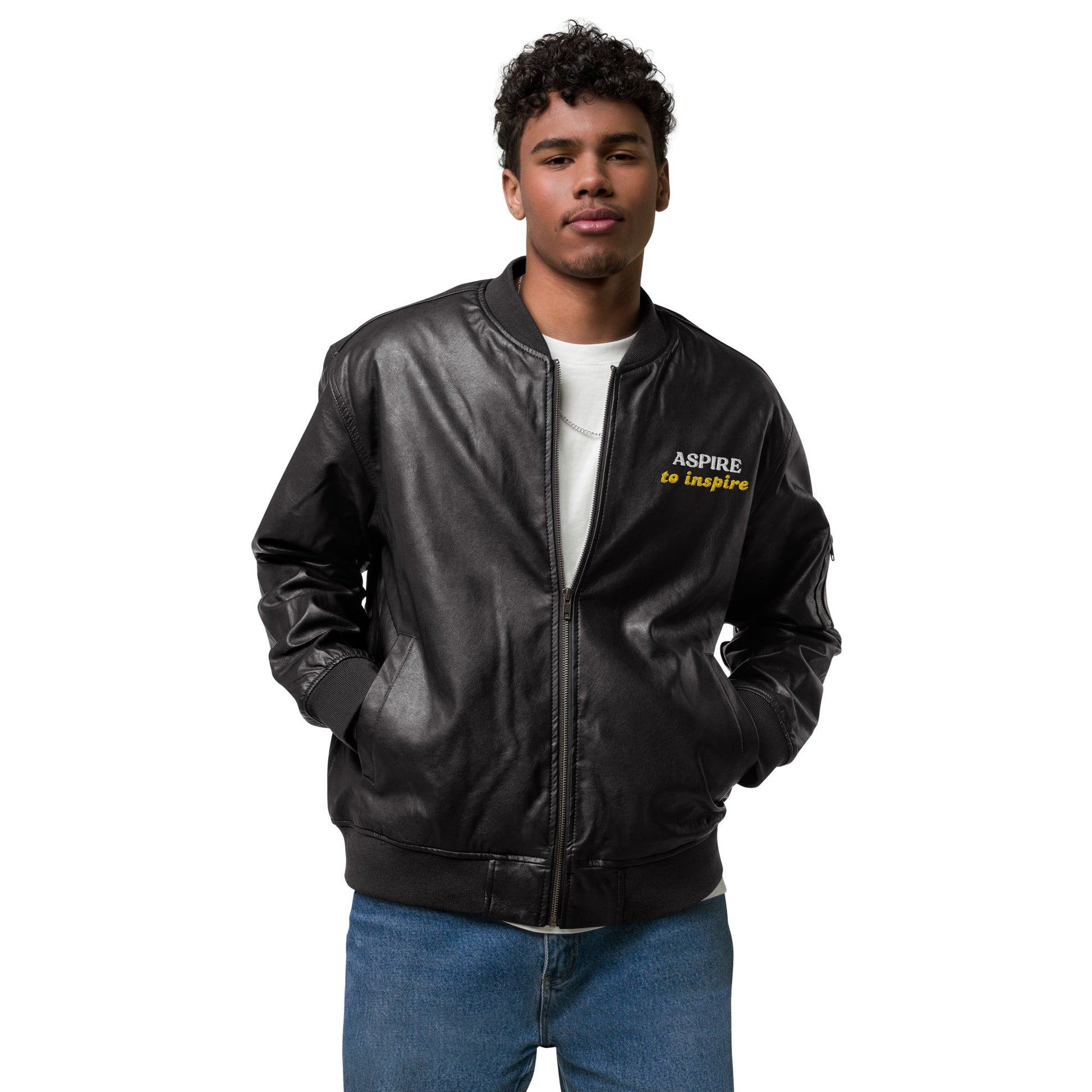 Men's Embroidered Bomber Jacket - Aspire to Inspire - Classic PU Leather - Sublimegifts4u.com