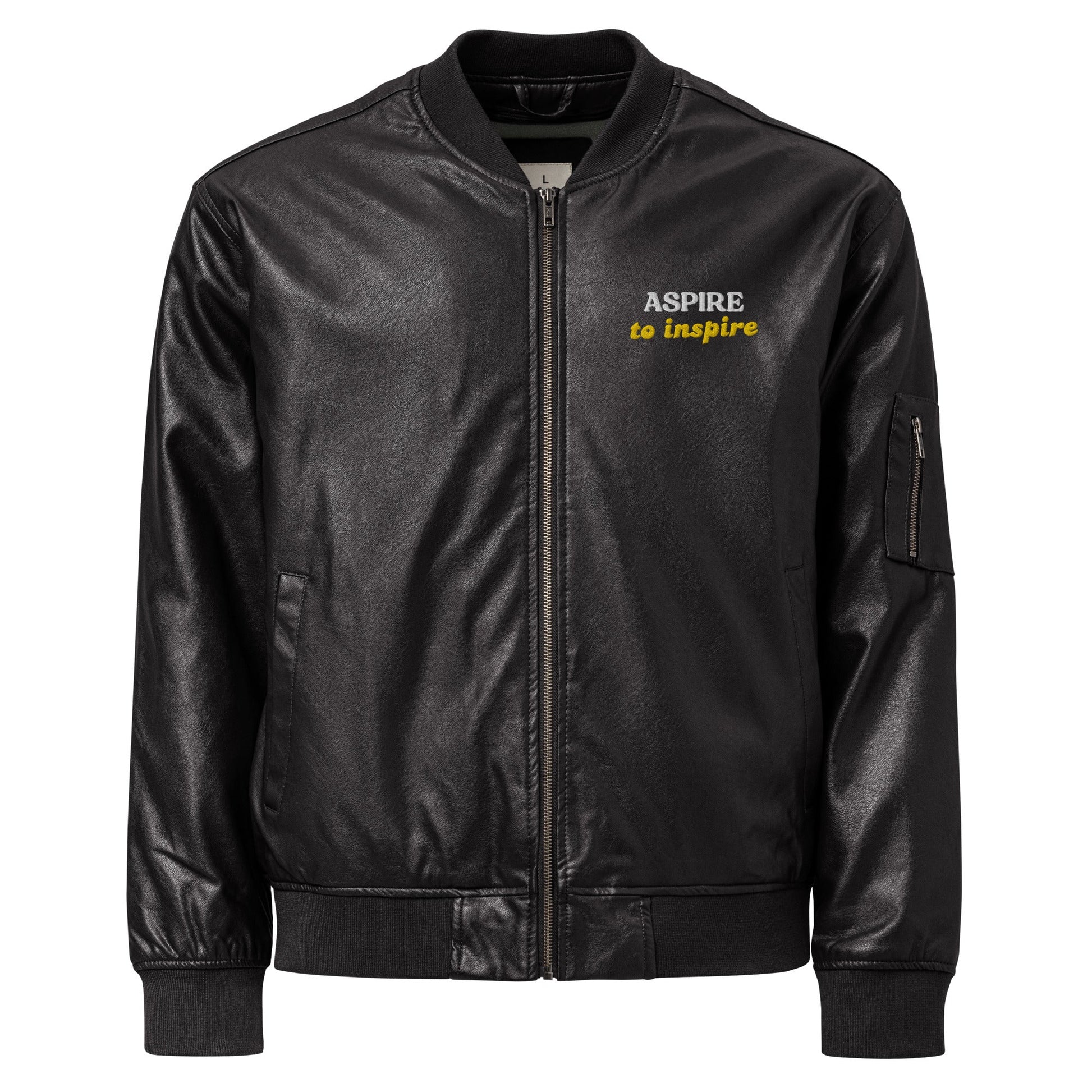 Men's Embroidered Bomber Jacket - Aspire to Inspire - Classic PU Leather - Sublimegifts4u.com