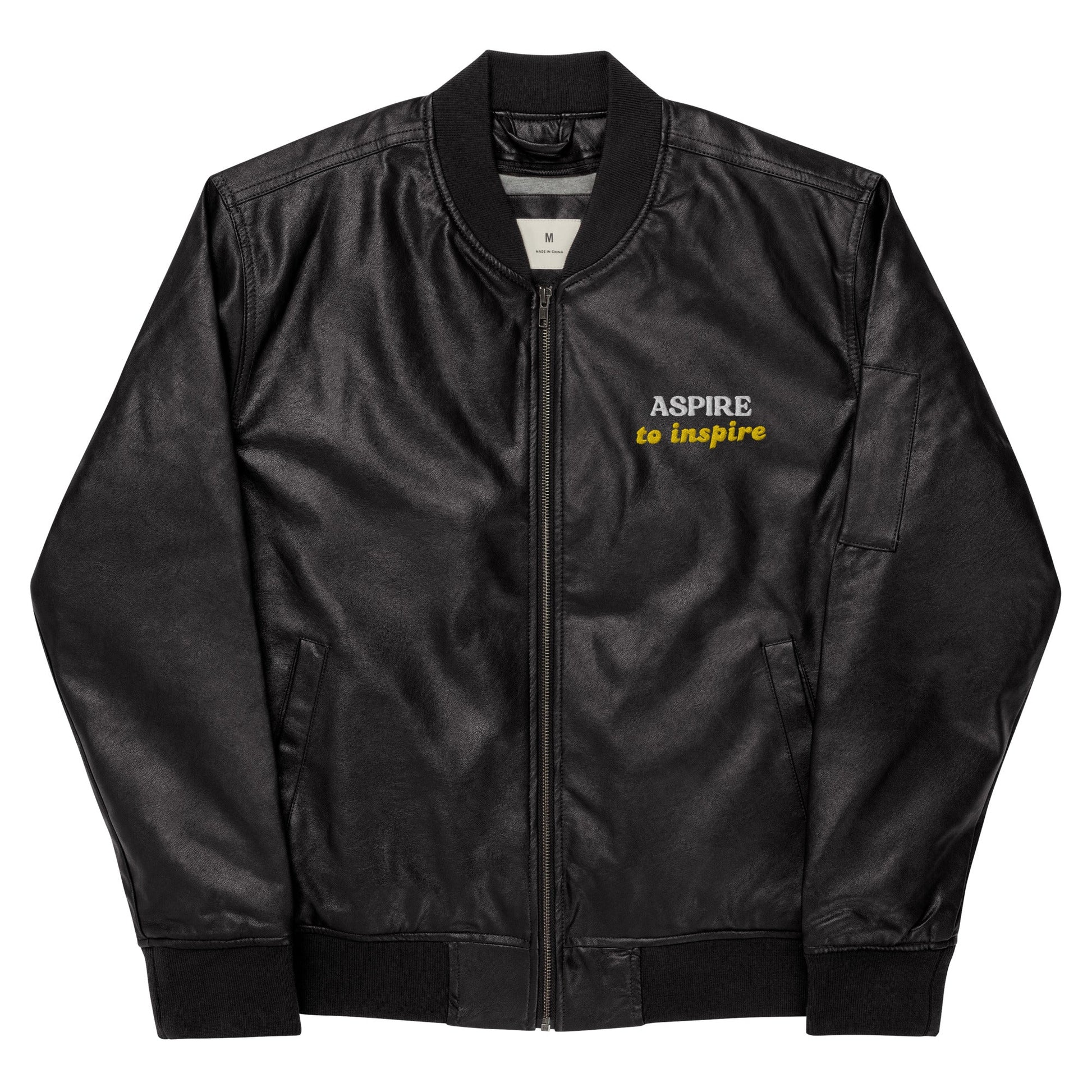 Men's Embroidered Bomber Jacket - Aspire to Inspire - Classic PU Leather - Sublimegifts4u.com