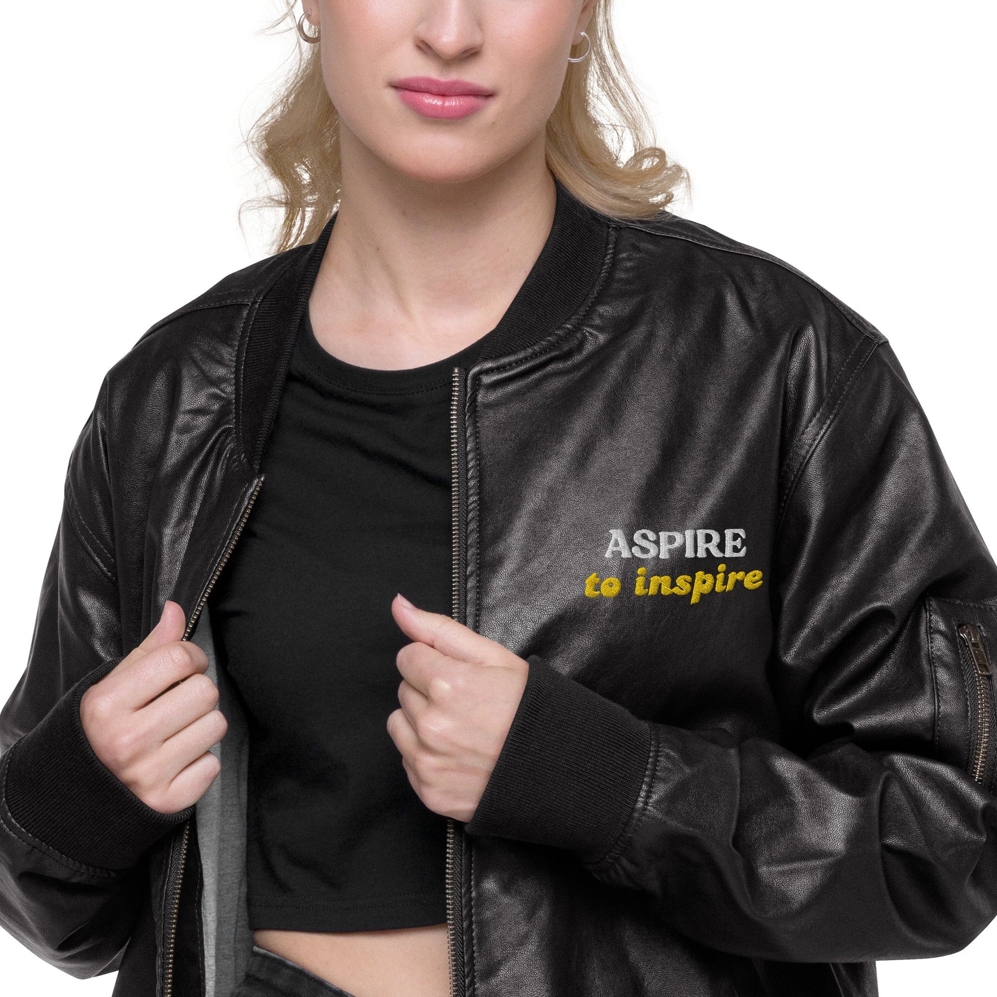 Men's Embroidered Bomber Jacket - Aspire to Inspire - Classic PU Leather - Sublimegifts4u.com