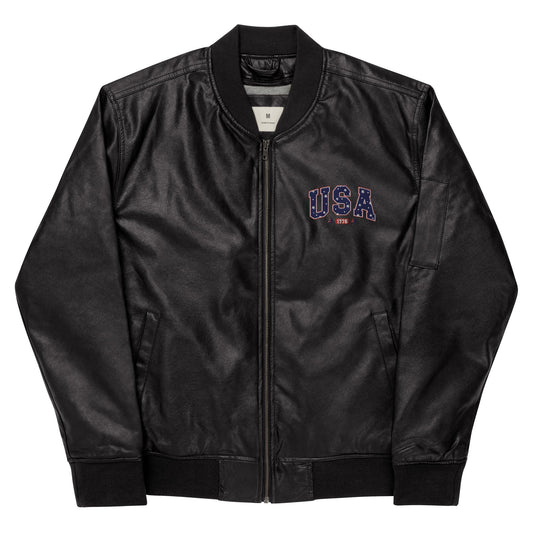 Men’s Embroidered USA Bomber Jacket - Black & Brown Leather - Classic Style - Sublimegifts4u.com