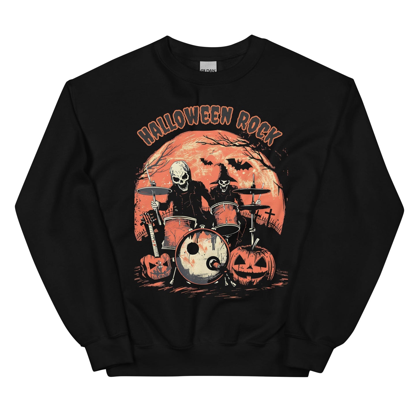 Men's Halloween Sweatshirt: 'Halloween Rock' with Skull Rock Band Design - Sublimegifts4u.com