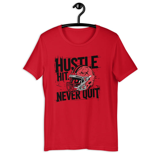 Men's Hustle Hit Never Quit Football Helmet T-Shirt – Motivational & Comfortable Tee - Sublimegifts4u.com