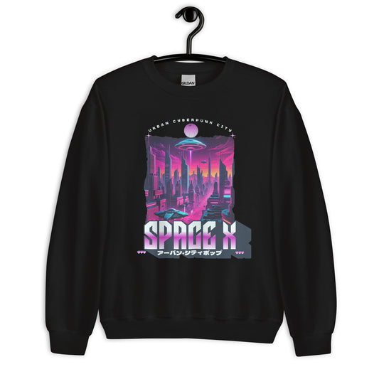 Men's Space X Sweatshirt - Neon Cityscape & UFO Design - Sublimegifts4u.com