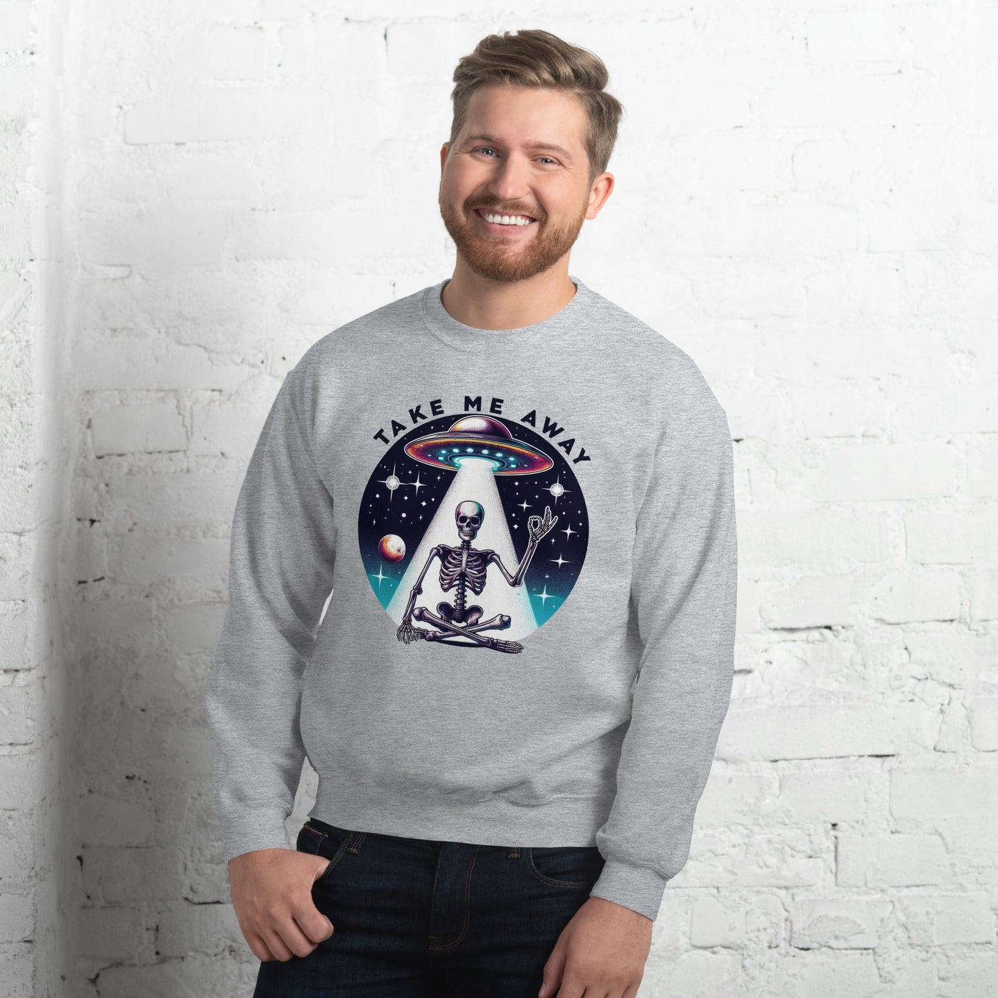 Men’s UFO Skeleton Sweatshirt | ‘Take Me Away’ Design | Cozy & Classic Fit - Sublimegifts4u.com