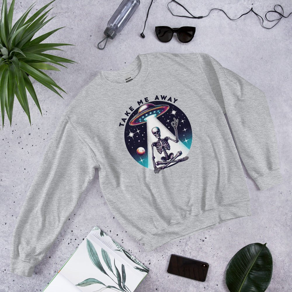 Men’s UFO Skeleton Sweatshirt | ‘Take Me Away’ Design | Cozy & Classic Fit - Sublimegifts4u.com