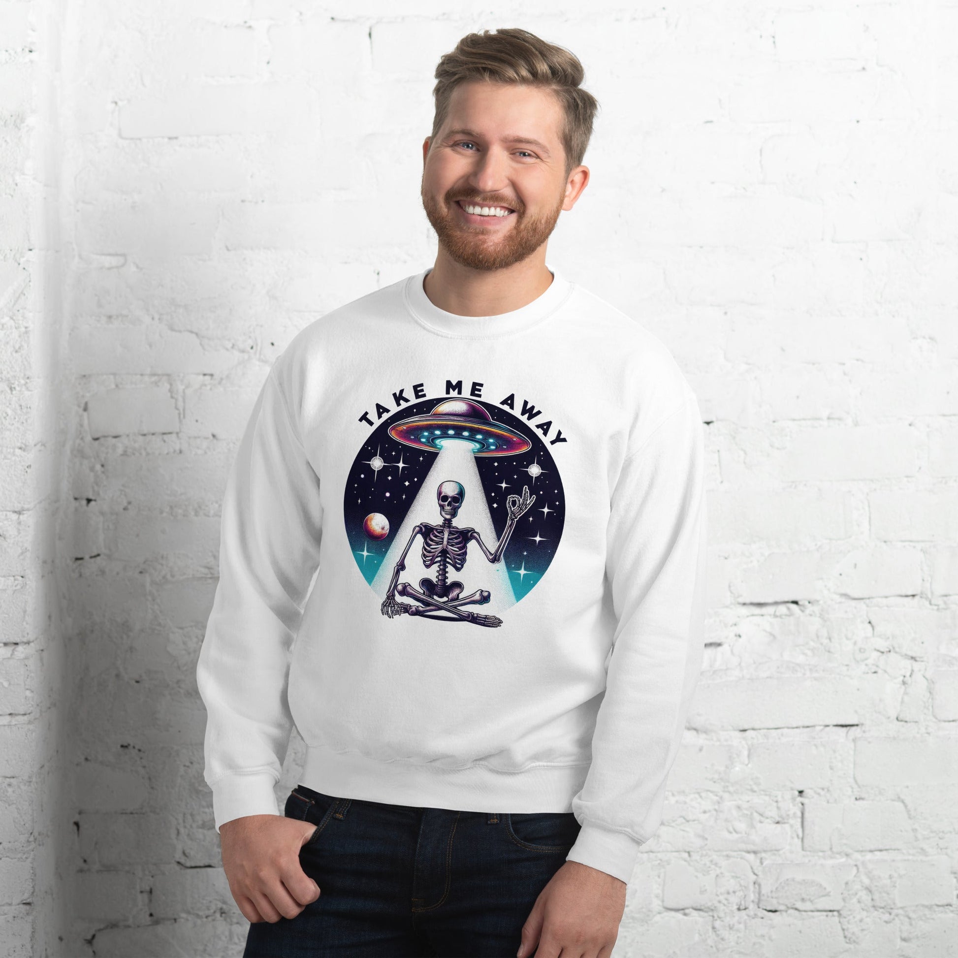 Men’s UFO Skeleton Sweatshirt | ‘Take Me Away’ Design | Cozy & Classic Fit - Sublimegifts4u.com