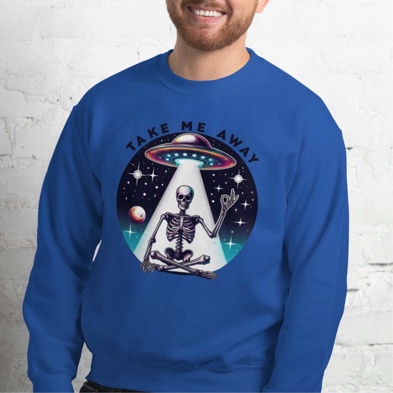 Men’s UFO Skeleton Sweatshirt | ‘Take Me Away’ Design | Cozy & Classic Fit - Sublimegifts4u.com