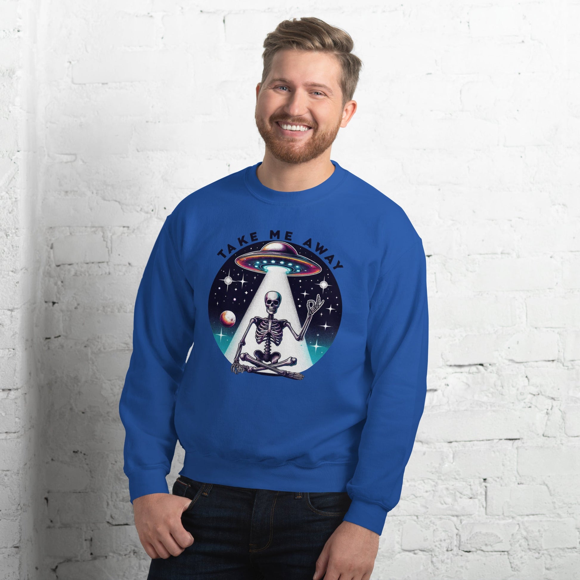 Men’s UFO Skeleton Sweatshirt | ‘Take Me Away’ Design | Cozy & Classic Fit - Sublimegifts4u.com