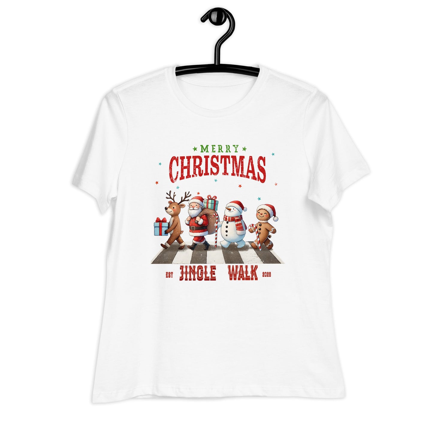 Merry Christmas Jingle Walk Women's T-Shirt - Snowman, Santa, Gingerbread Man, Reindeer - Sublimegifts4u.com