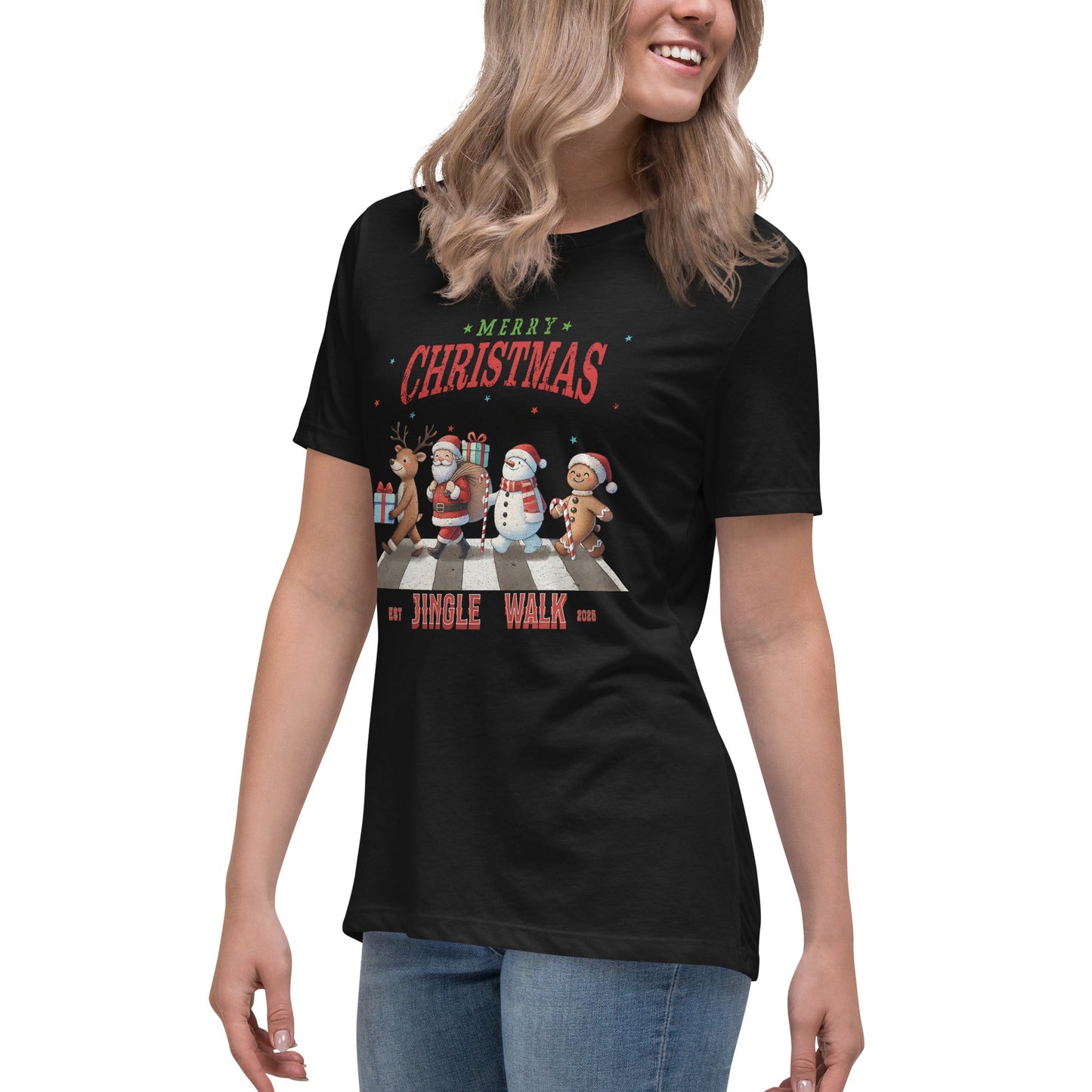 Merry Christmas Jingle Walk Women's T-Shirt - Snowman, Santa, Gingerbread Man, Reindeer - Sublimegifts4u.com