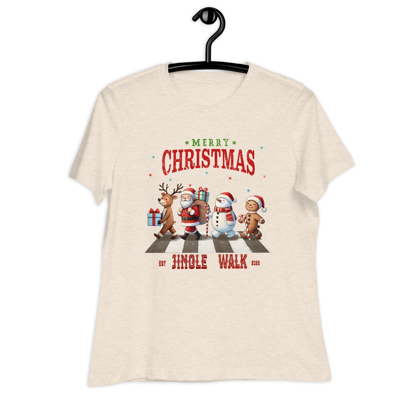 Merry Christmas Jingle Walk Women's T-Shirt - Snowman, Santa, Gingerbread Man, Reindeer - Sublimegifts4u.com