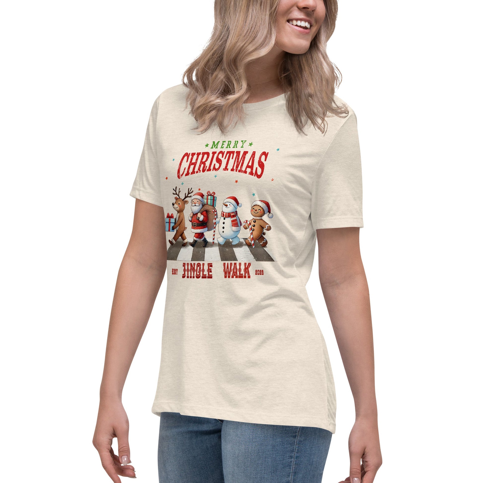 Merry Christmas Jingle Walk Women's T-Shirt - Snowman, Santa, Gingerbread Man, Reindeer - Sublimegifts4u.com