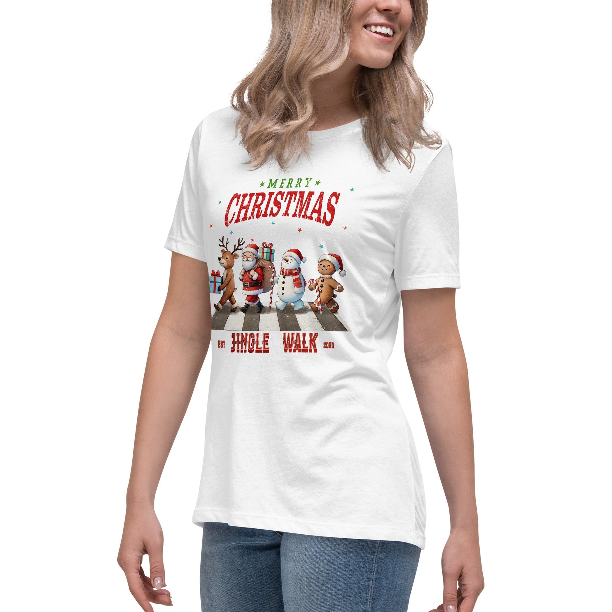 Merry Christmas Jingle Walk Women's T-Shirt - Snowman, Santa, Gingerbread Man, Reindeer - Sublimegifts4u.com