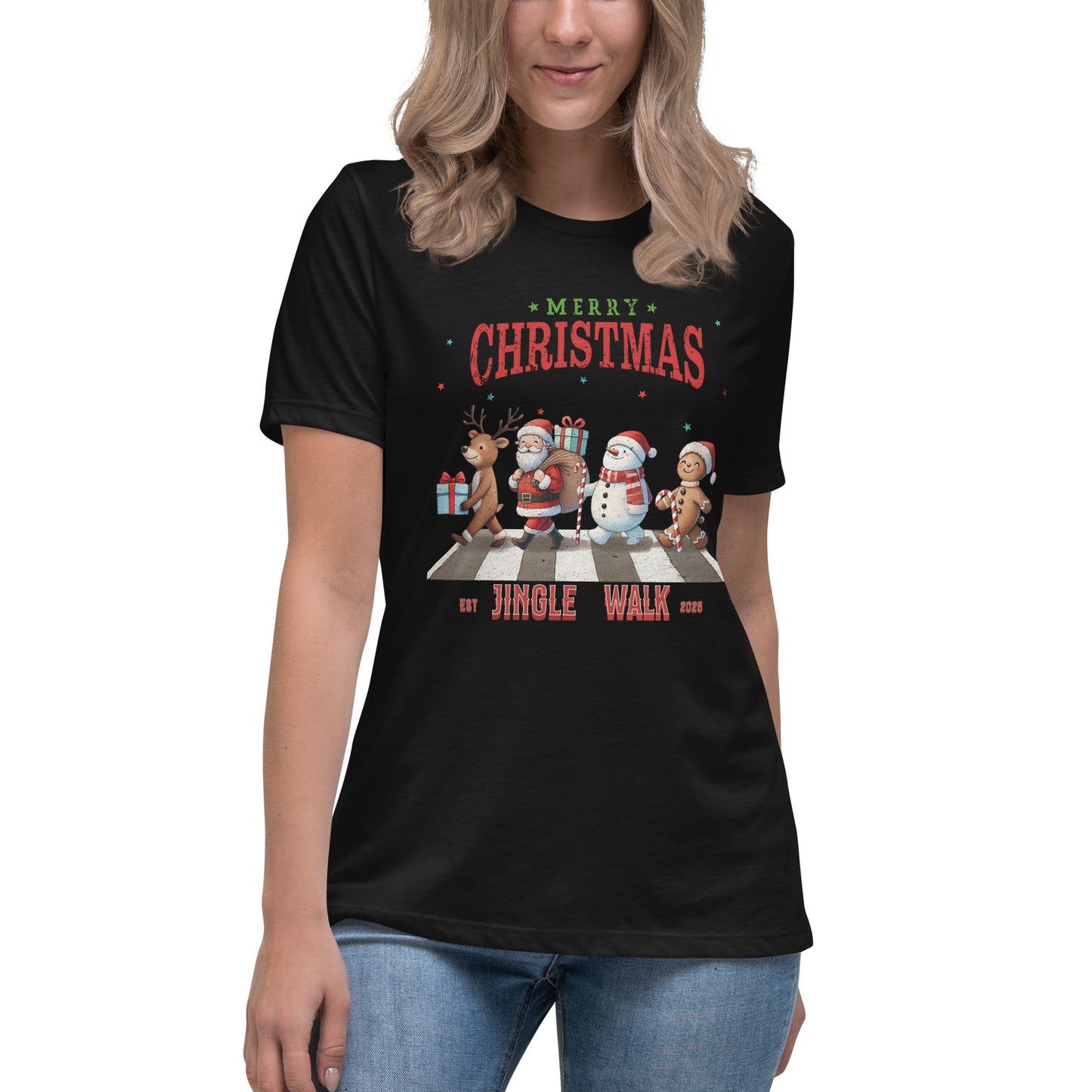 Merry Christmas Jingle Walk Women's T-Shirt - Snowman, Santa, Gingerbread Man, Reindeer - Sublimegifts4u.com