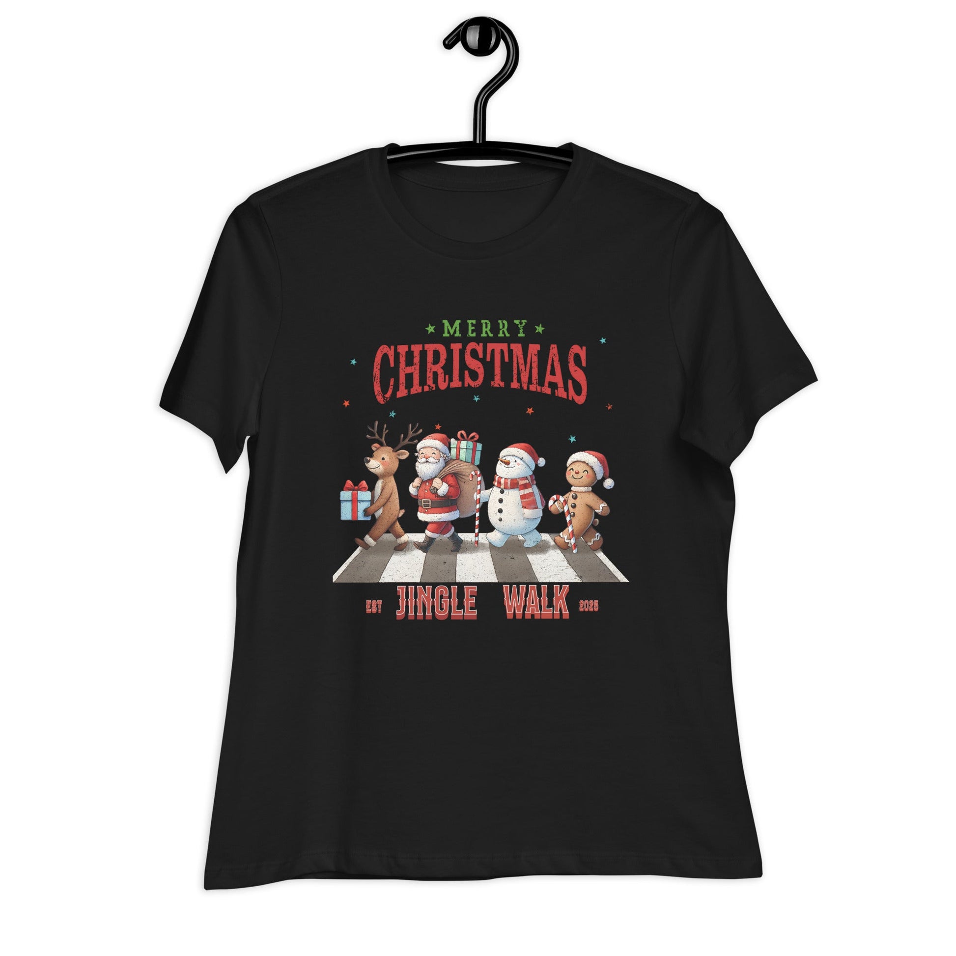 Merry Christmas Jingle Walk Women's T-Shirt - Snowman, Santa, Gingerbread Man, Reindeer - Sublimegifts4u.com